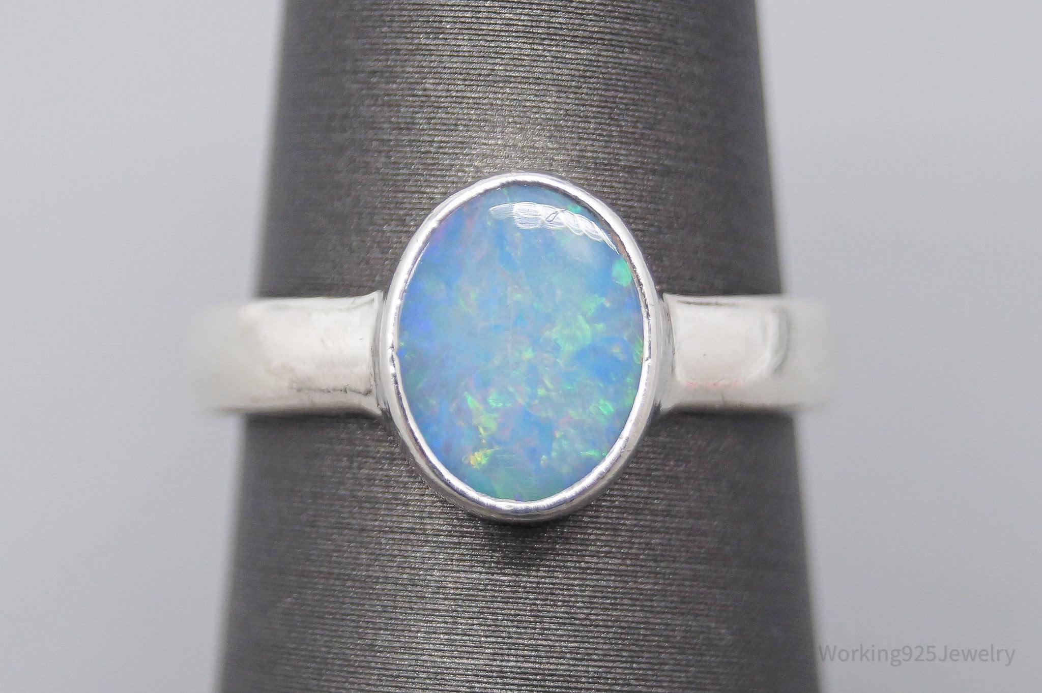 Vintage Blue Opal Sterling Silver Ring - Size 6.75