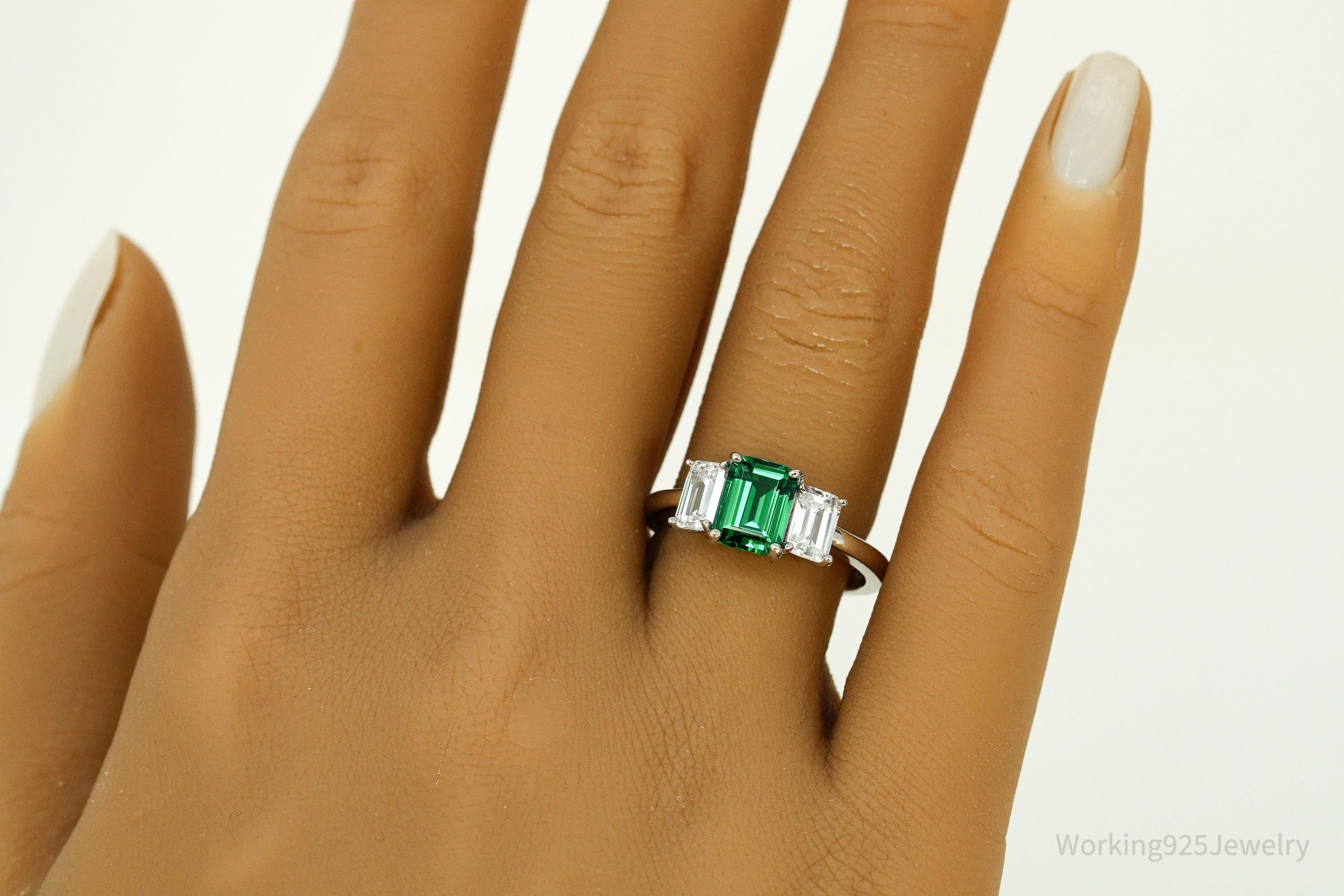 Vintage Lab Emerald & Cubic Zirconia Sterling Silver Ring - Size 8