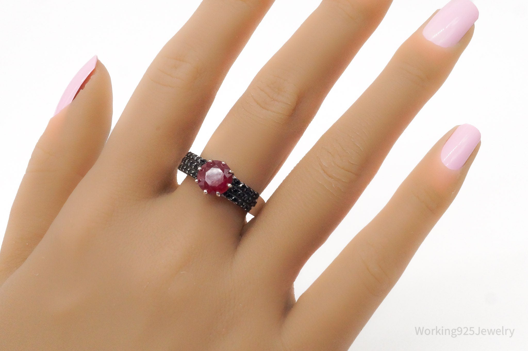 Designer DK Ruby Black Spinel Rhodium Over Sterling Silver Ring - Size 8.75