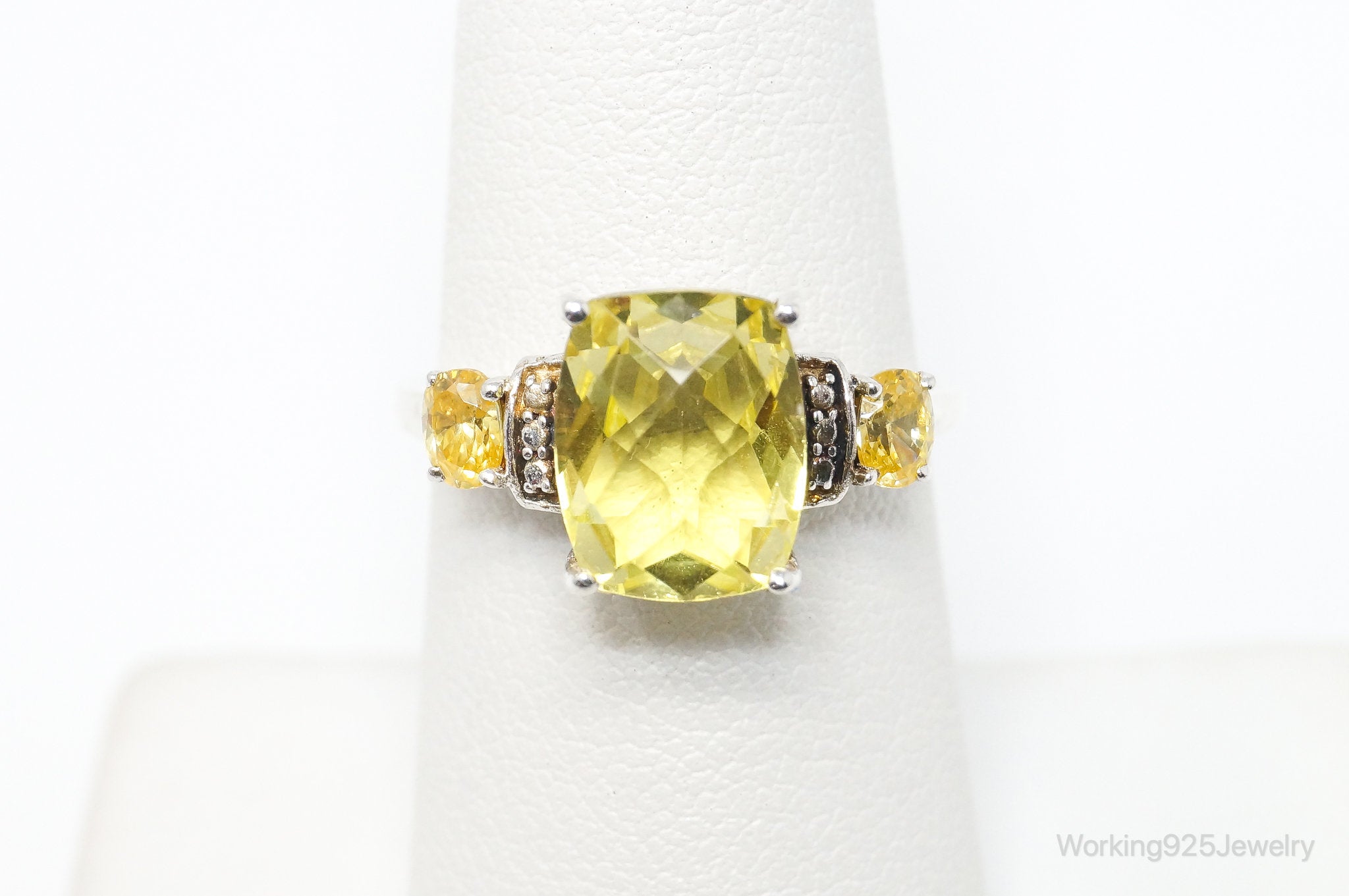 Vintage Lemon Quartz Yellow Cubic Zirconia Sterling Silver Ring - Size 7