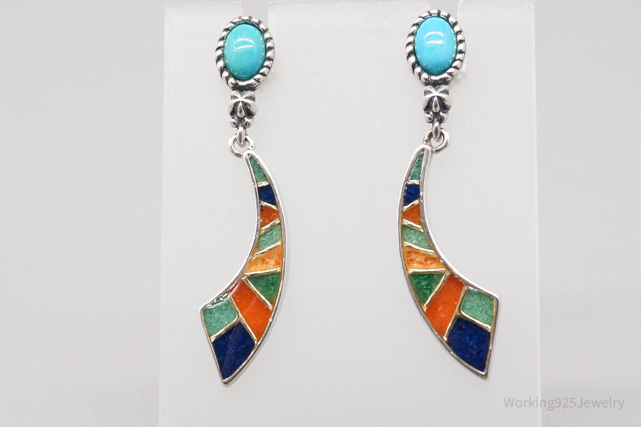 Vintage Native American Carolyn Pollack Relios Multi Gem Inlay Sterling Silver Earrings