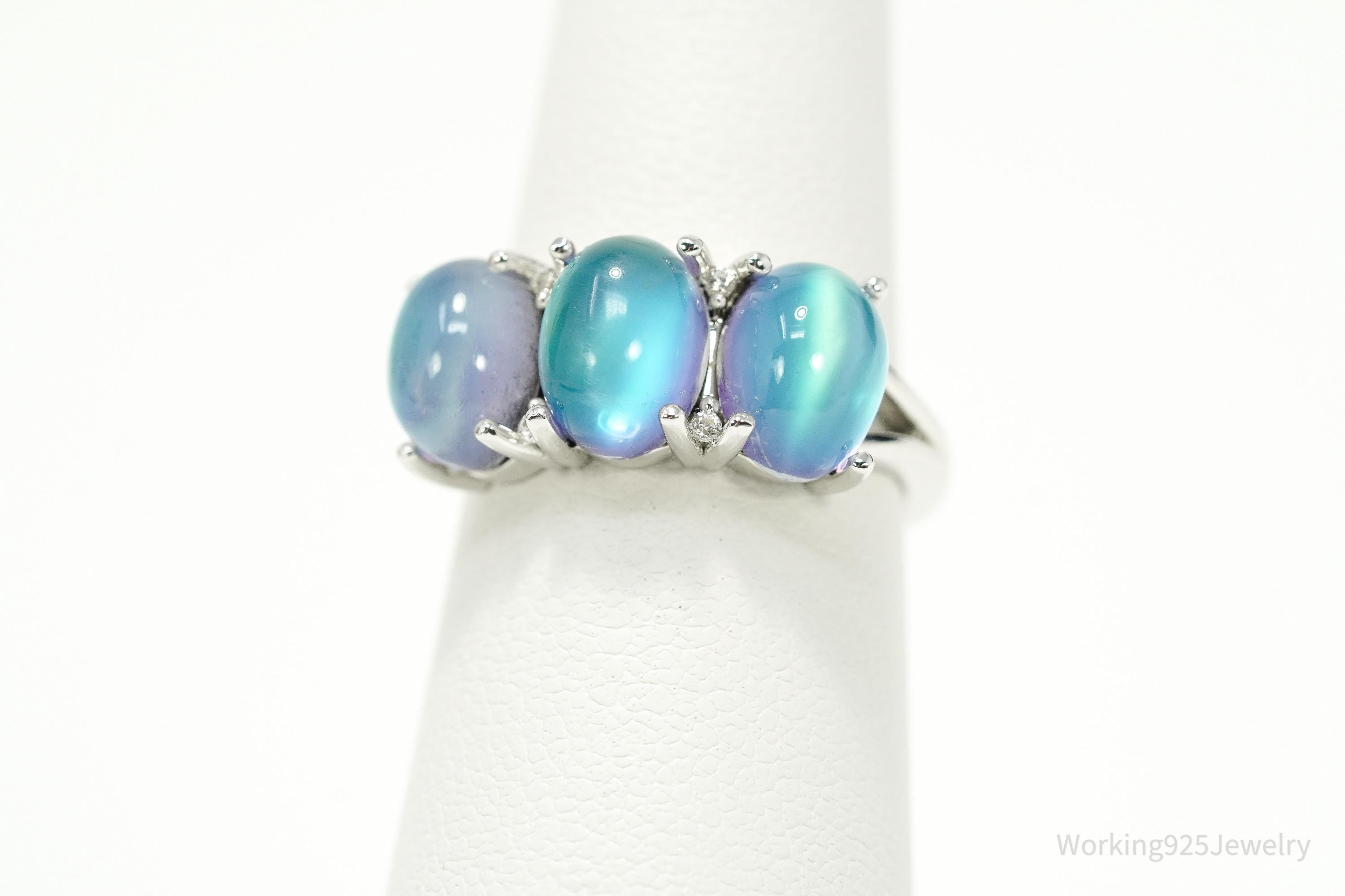 Vintage Y2K Aurora Moonstone & White Zircon Rhodium Over Sterling Silver Ring 5