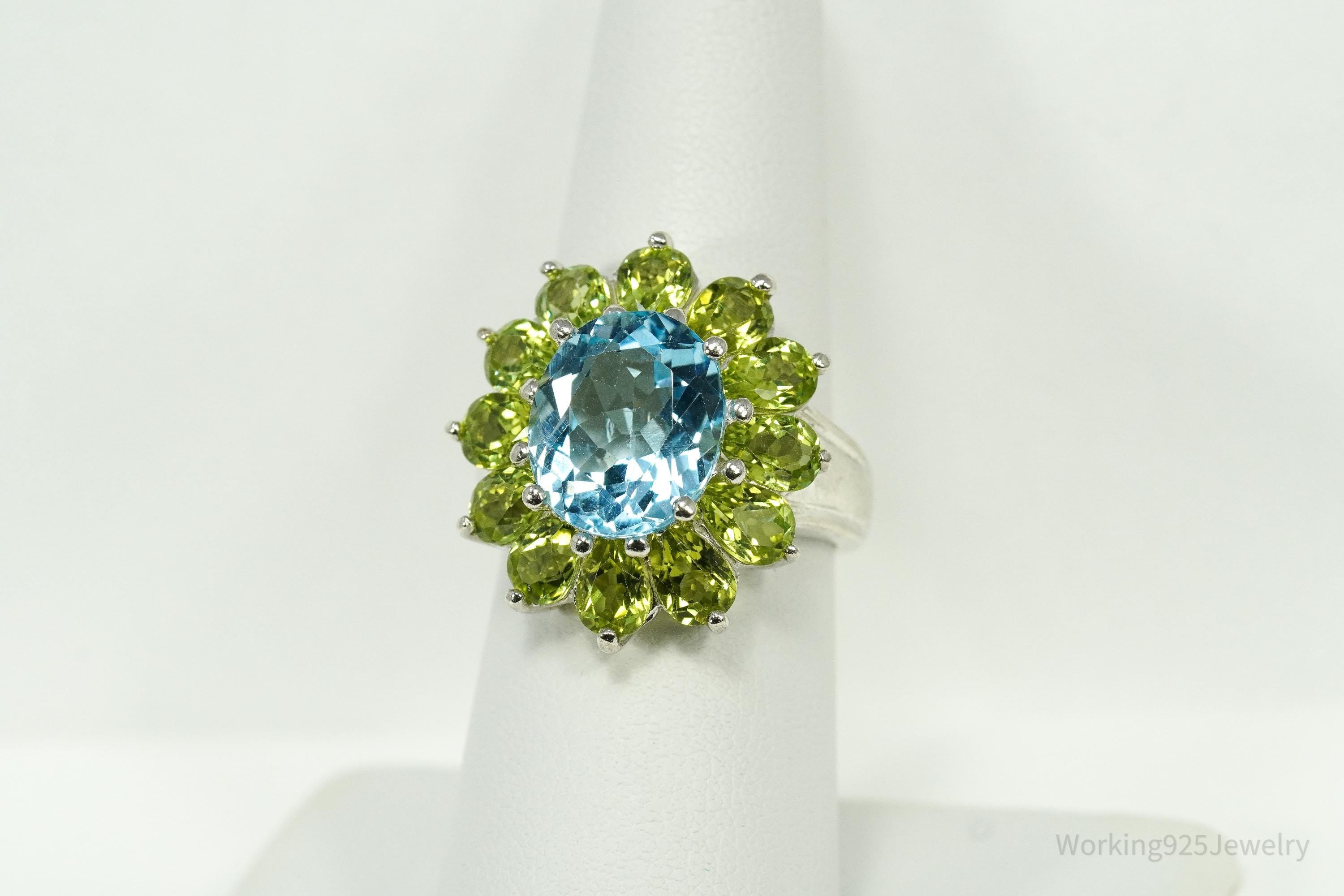 Vintage Blue Topaz & Peridot Sterling Silver Flower Ring - Size 7