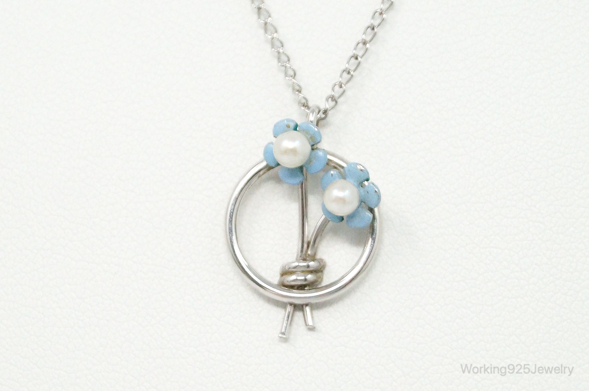 Vintage Pearl Enamel Blue Flowers Sterling Silver Necklace