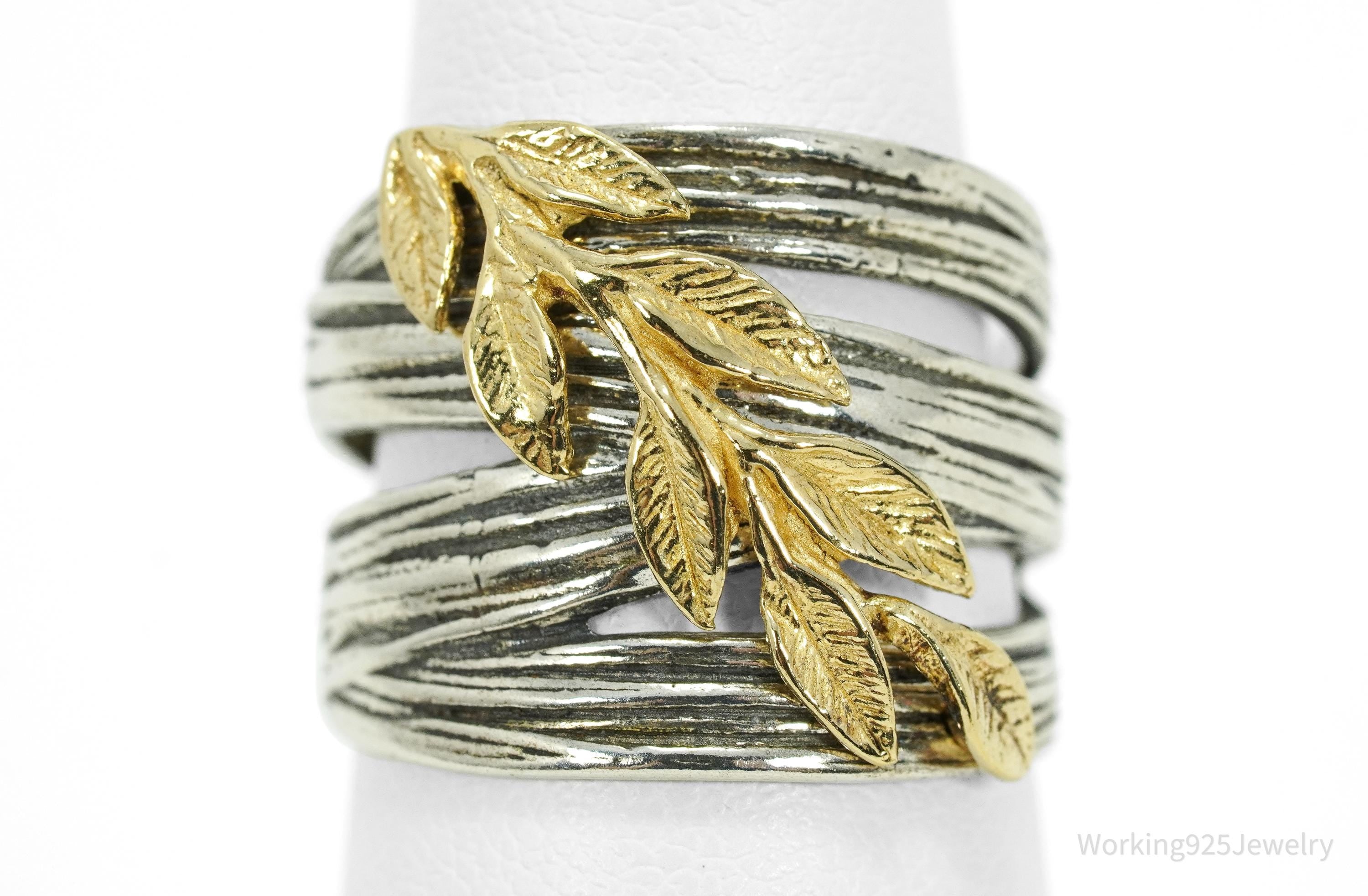 Vintage Israel Designer Paz Gold Vermeil Leaves Sterling Silver Ring Size 6.75