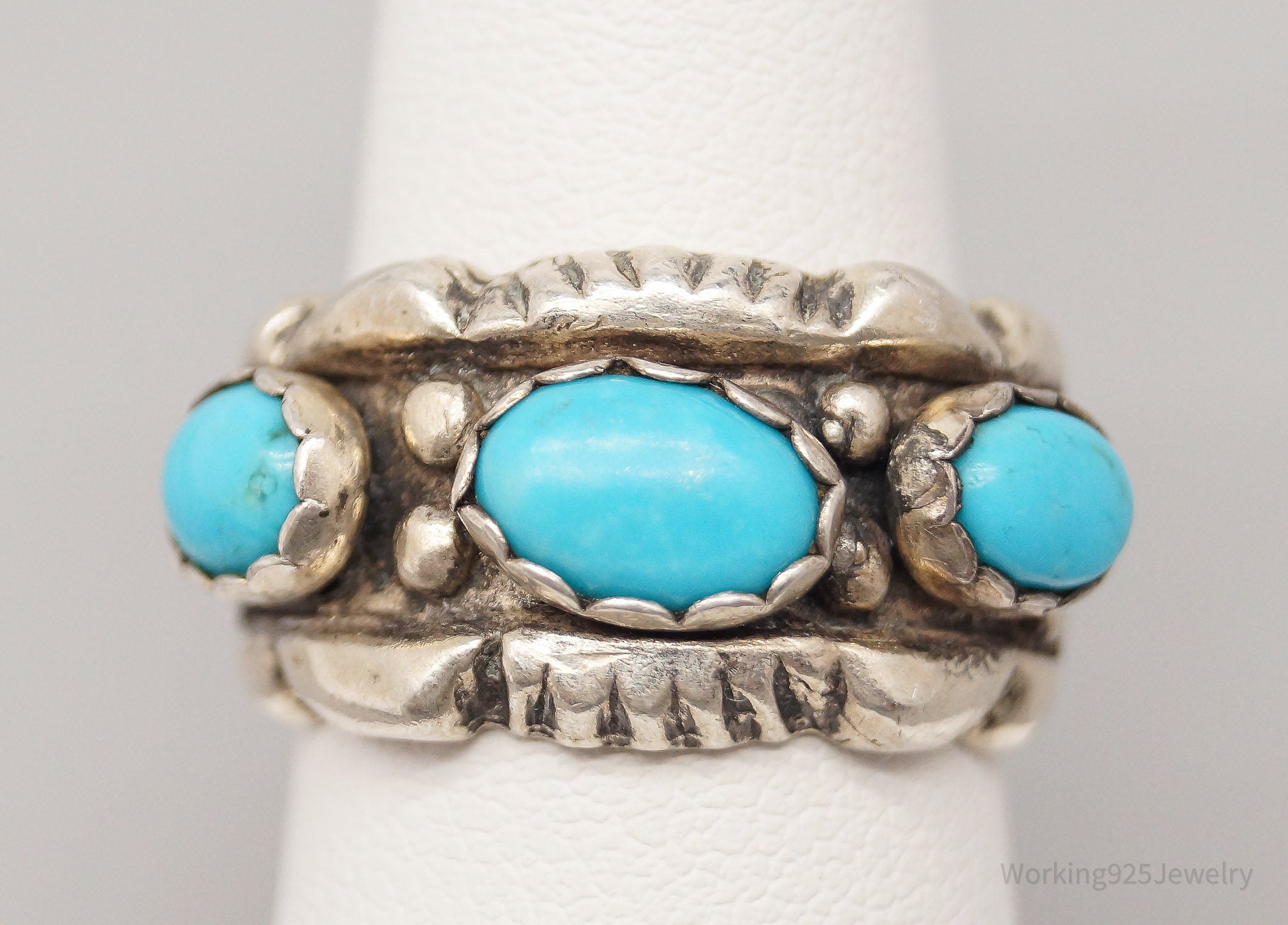 Vintage Native American Turquoise Sterling Silver Band Ring - Size 6.75