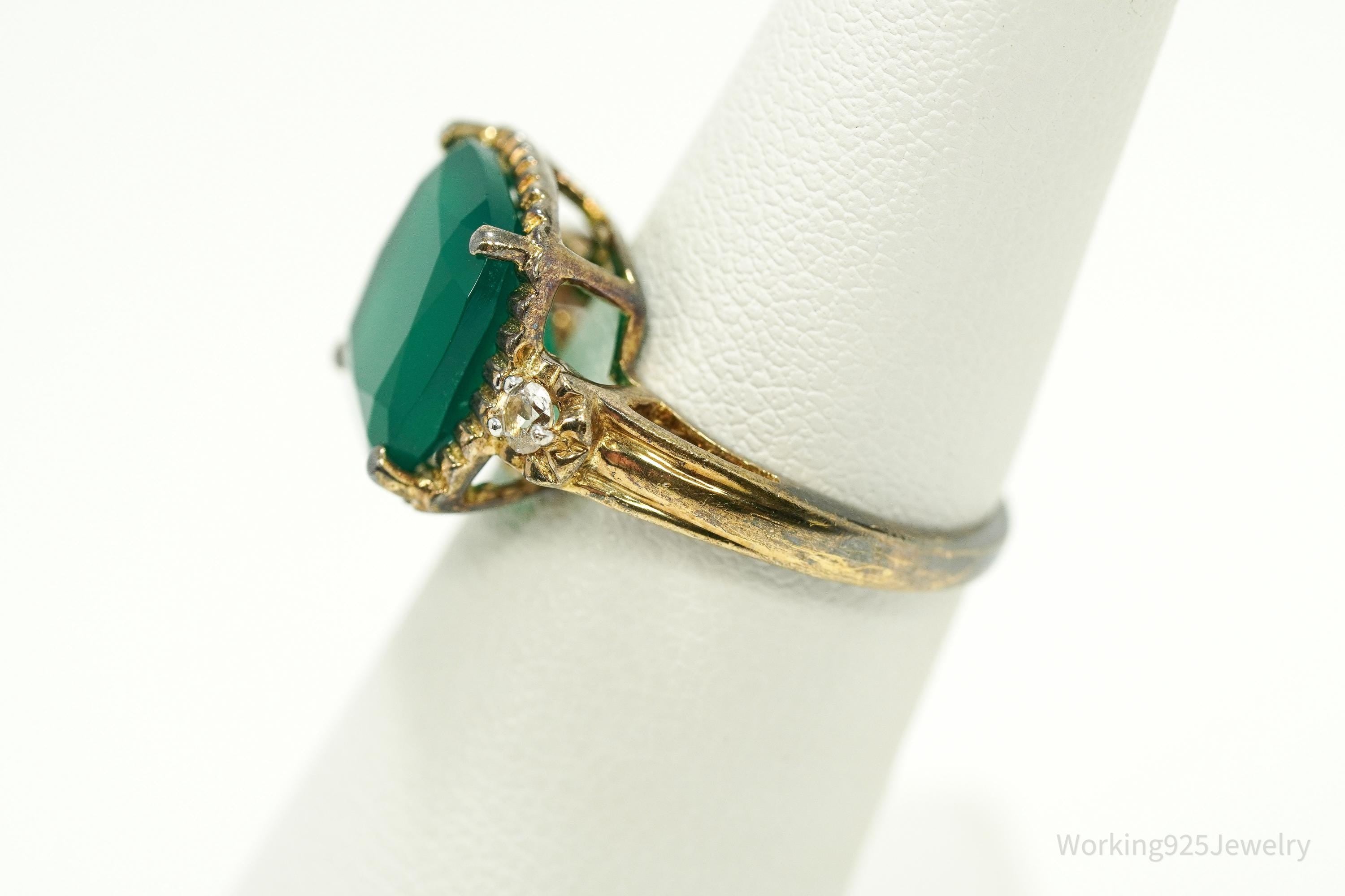 Vintage Green Onyx & Cubic Zirconia Gold Vermeil Sterling Silver Ring - Size 5.25