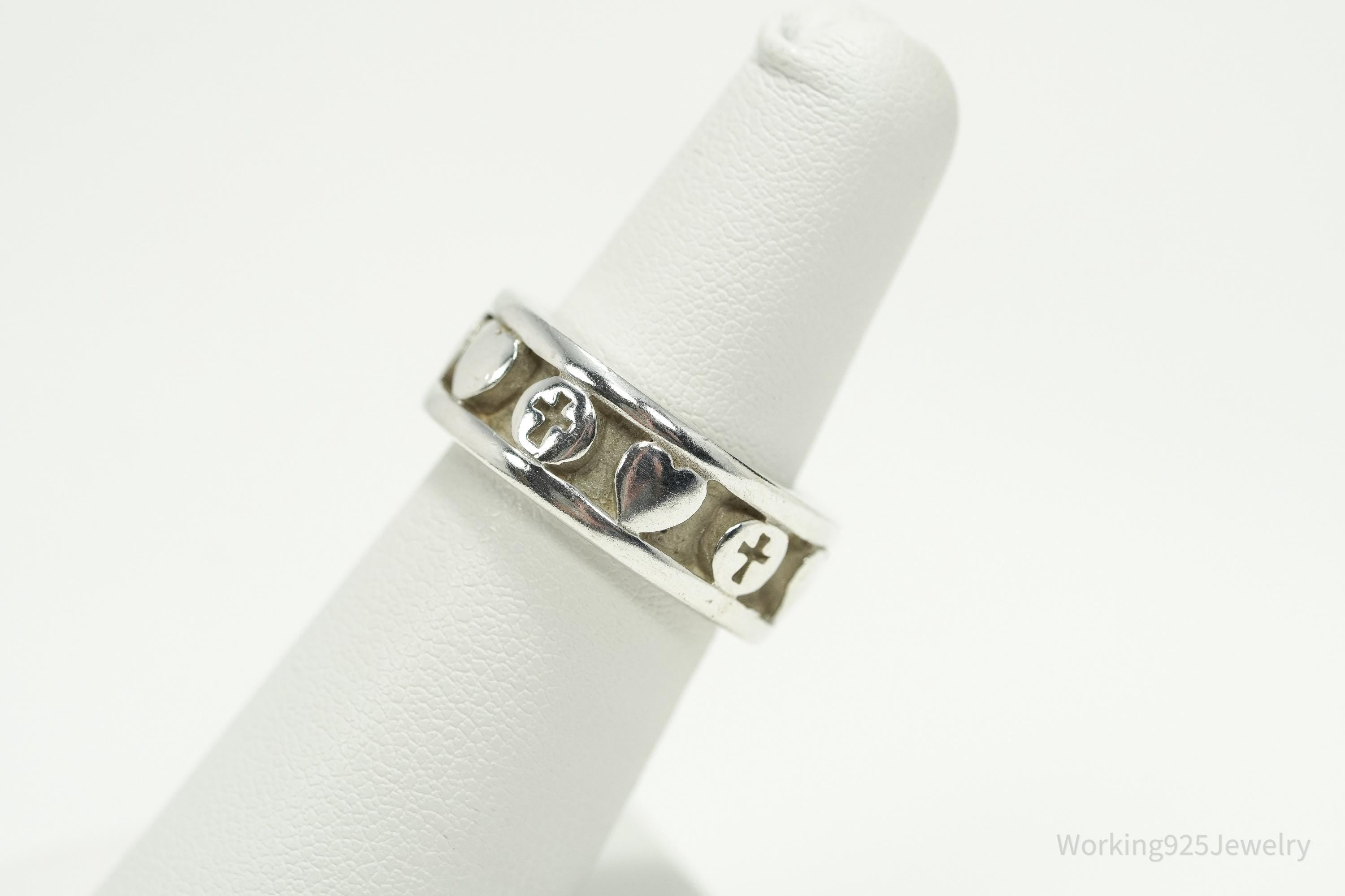 Vintage BSD Hearts & Crosses Sterling Silver Ring - Size 6