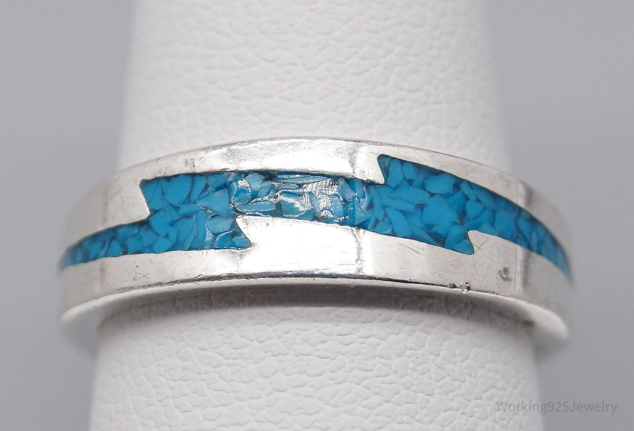 Vintage Native American Turquoise Inlay Sterling Silver Band Ring - Size 7.75