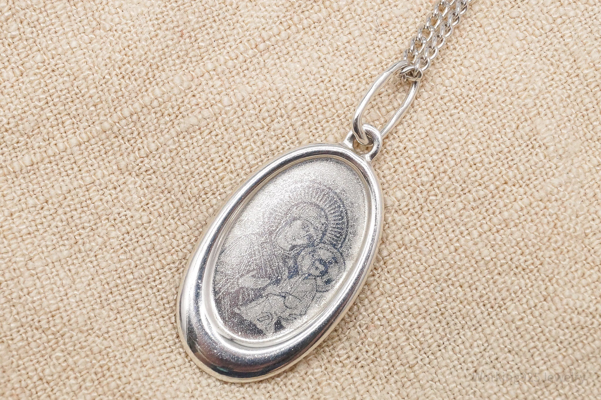 Antique Mary & Jesus Sterling Silver Necklace 17"