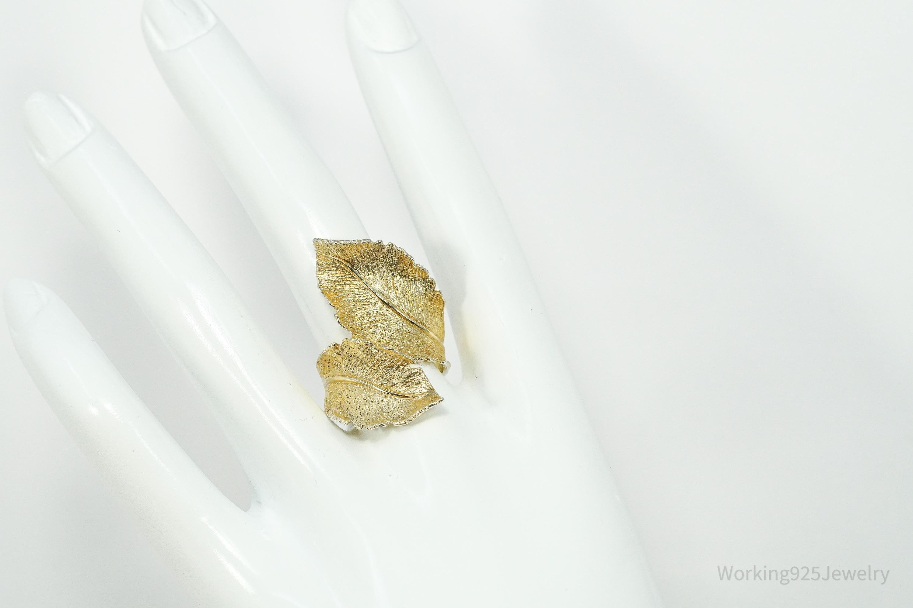 Vintage Italian Dyadema 18K Yellow Gold Plated Figural Leaf Sterling Silver Ring - Size 7