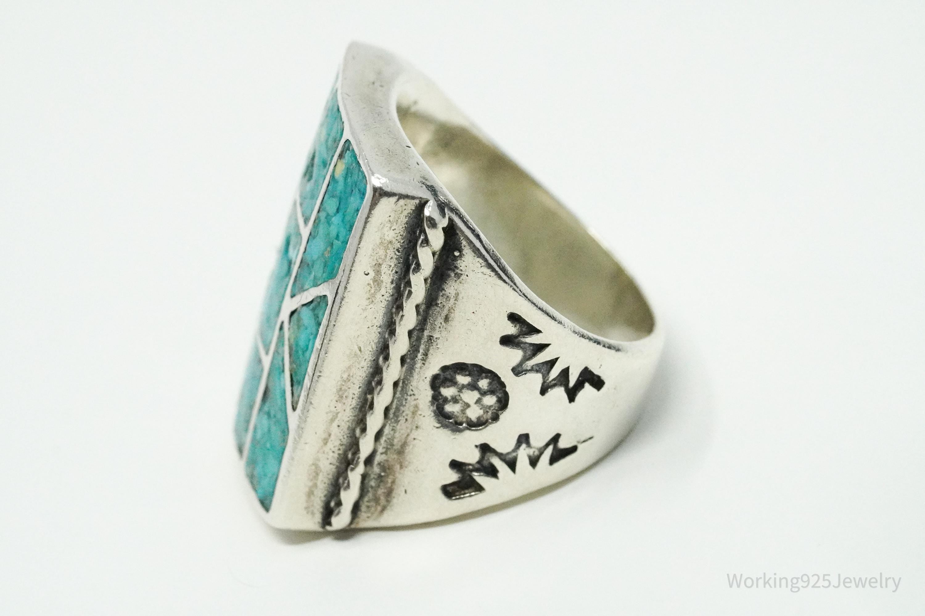 Vintage Native American Turquoise Inlay Unsigned Silver Ring - Size 7