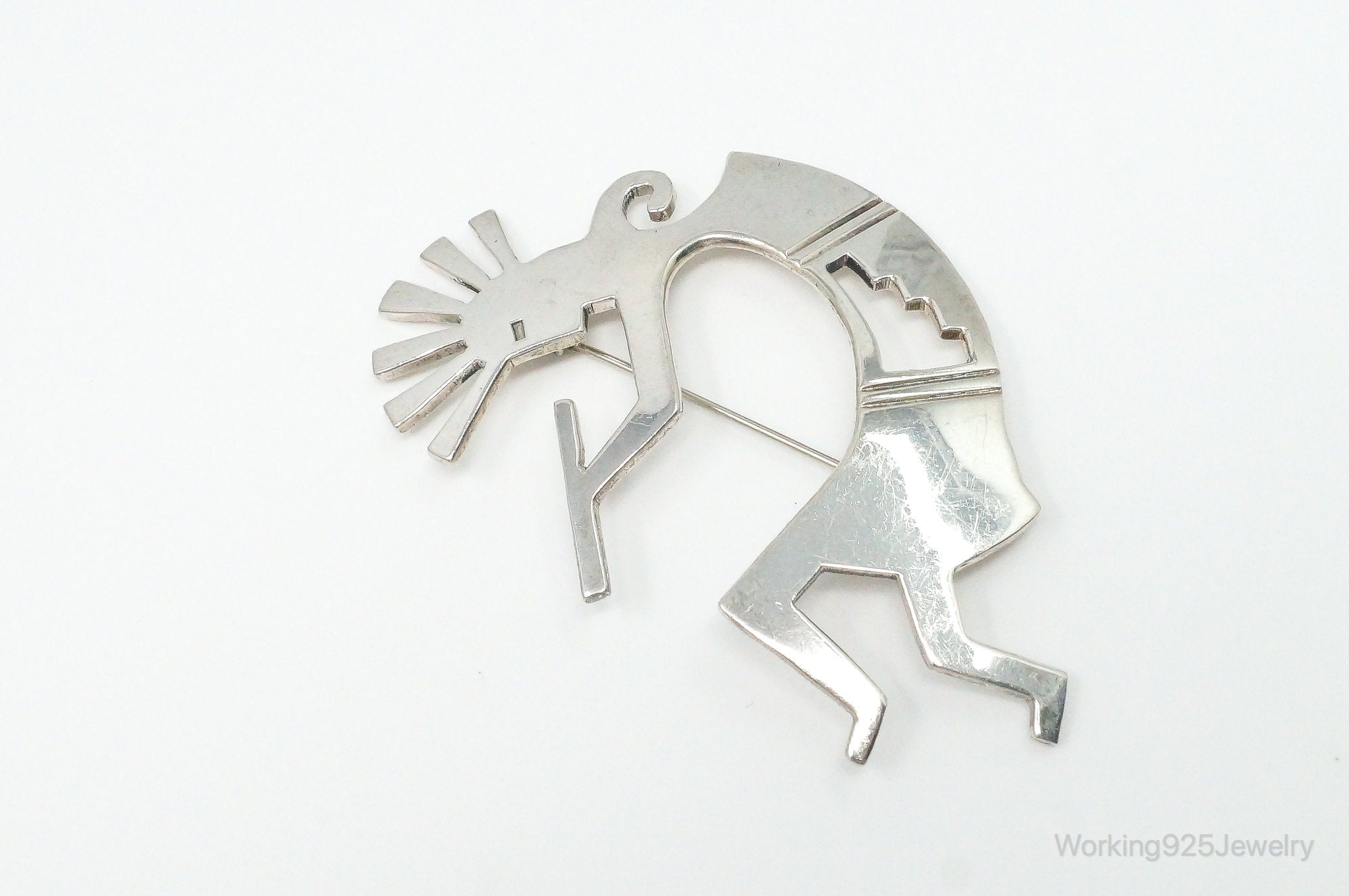 Large Vintage Native American Dancing Kokopelli Sterling Silver Brooch Pin