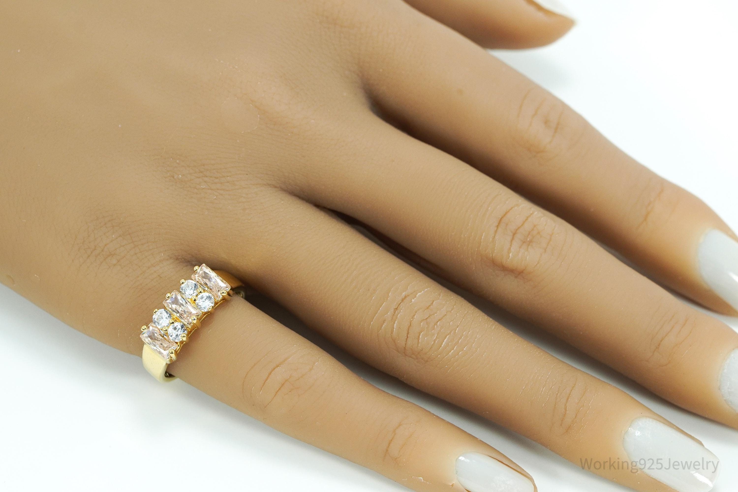 Vintage Champagne & White Cubic Zirconia Gold Over Sterling Silver Ring - Size 6