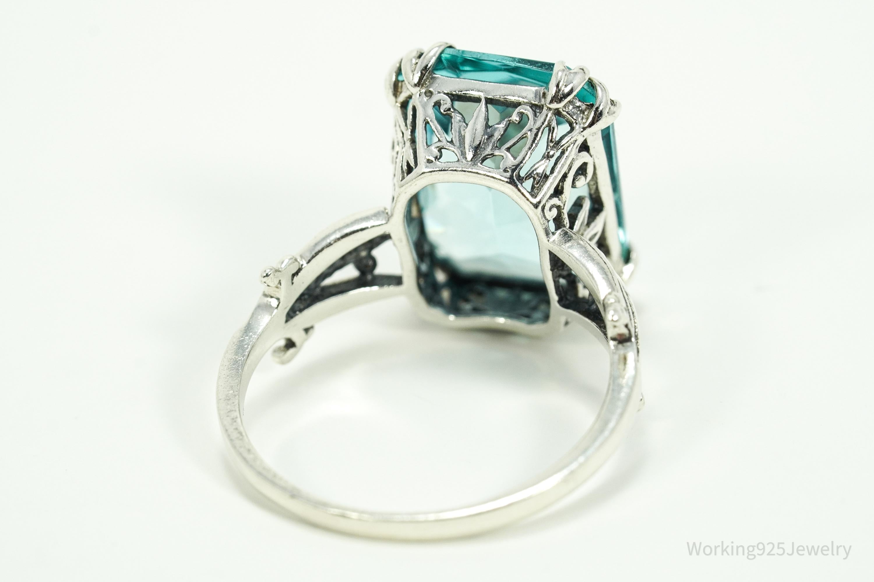 Vintage Faux Glass Blue Topaz Sterling Silver Plated Ring - Size 11.5