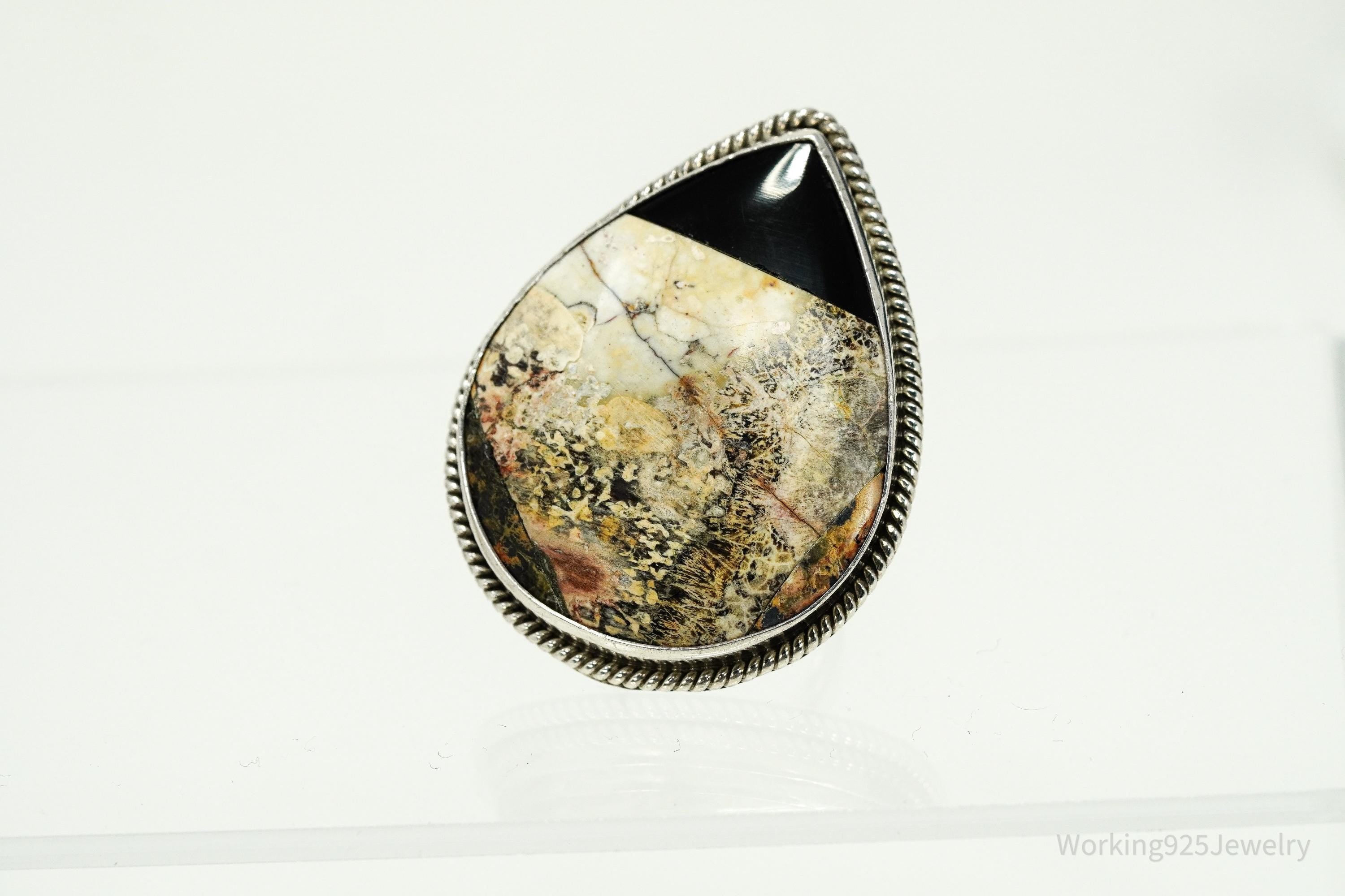 Vintage Mexico Modernist HOB Massive Agate & Black Onyx Inlay Sterling Silver Ring - Size 8