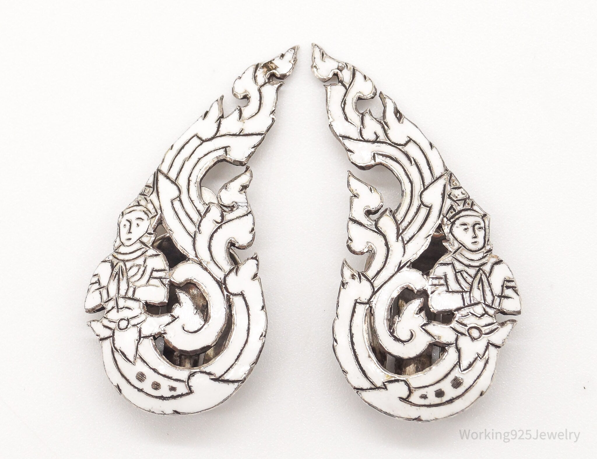 Vintage SIAM White Enamel Sterling Silver Clip On Earrings