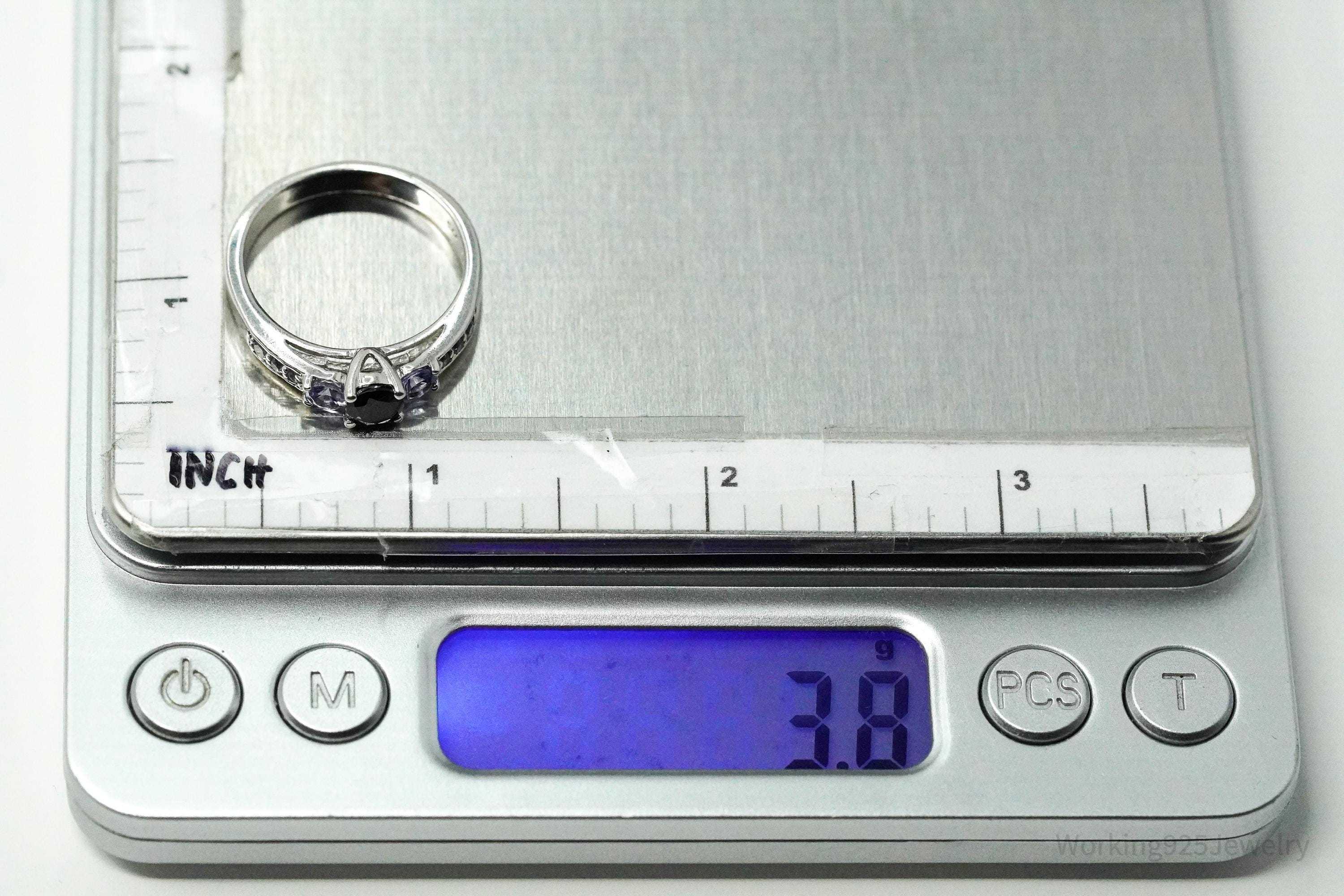 Vintage Black Tourmaline & Tanzanite Sterling Silver Ring - Size 9