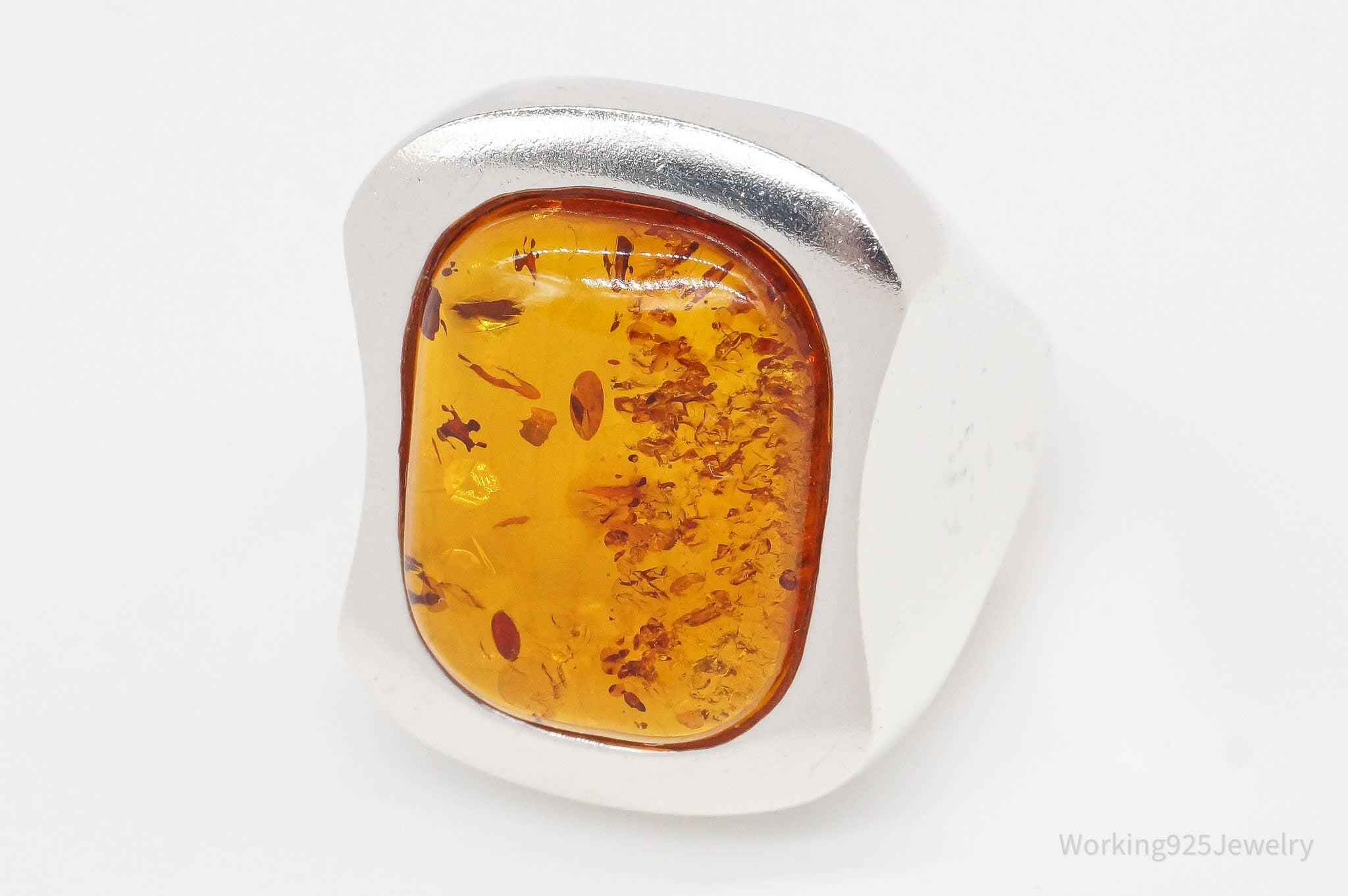 Vintage Large Amber Modernist Sterling Silver Ring - Size 7.25