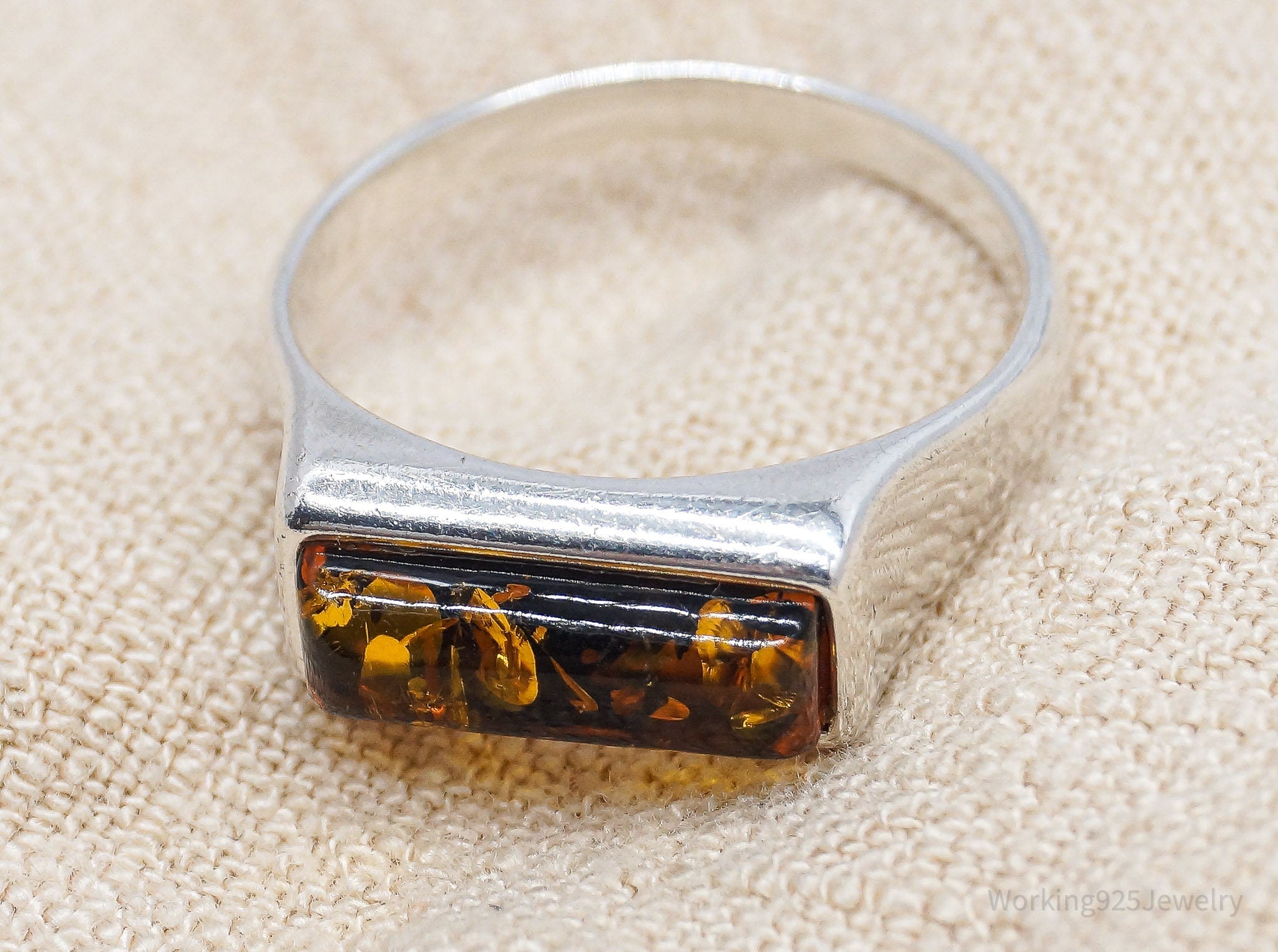 Vintage Amber Modernist Sterling Silver Ring - Size 6.25