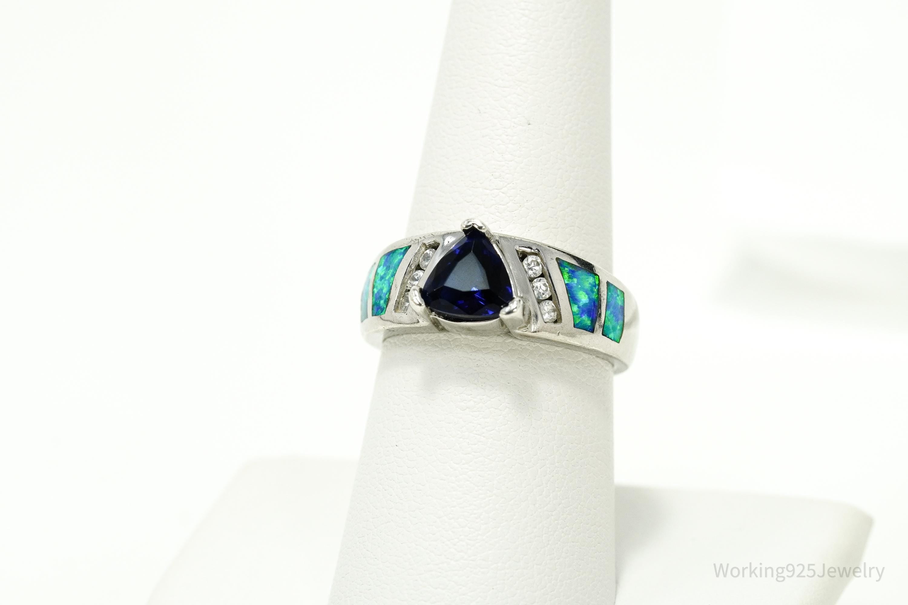 Vintage Lab Created Sapphire Cubic Zirconia Opal Sterling Silver Ring - Size 7.75