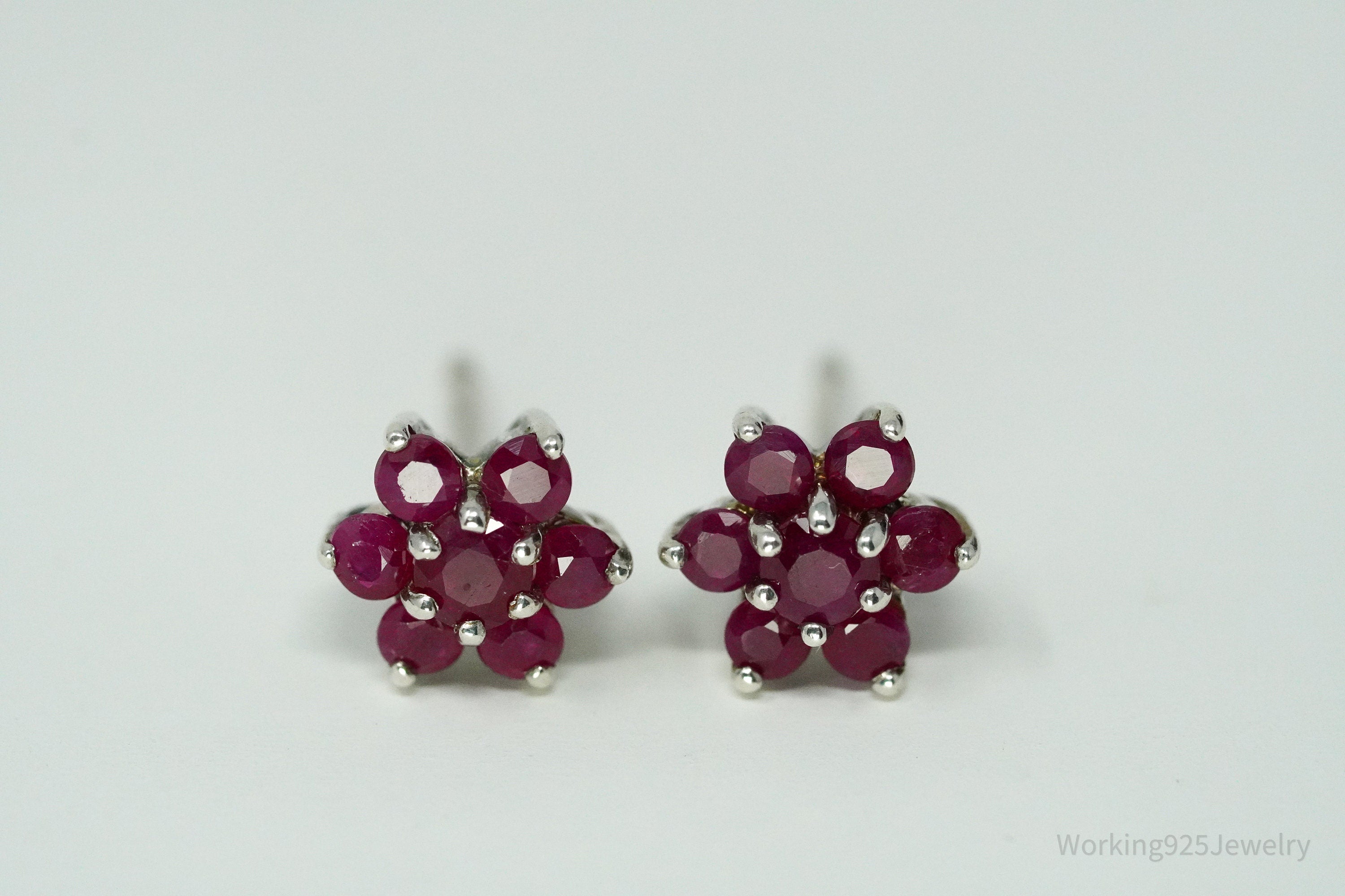 Vintage Ruby Flower Silver Earrings