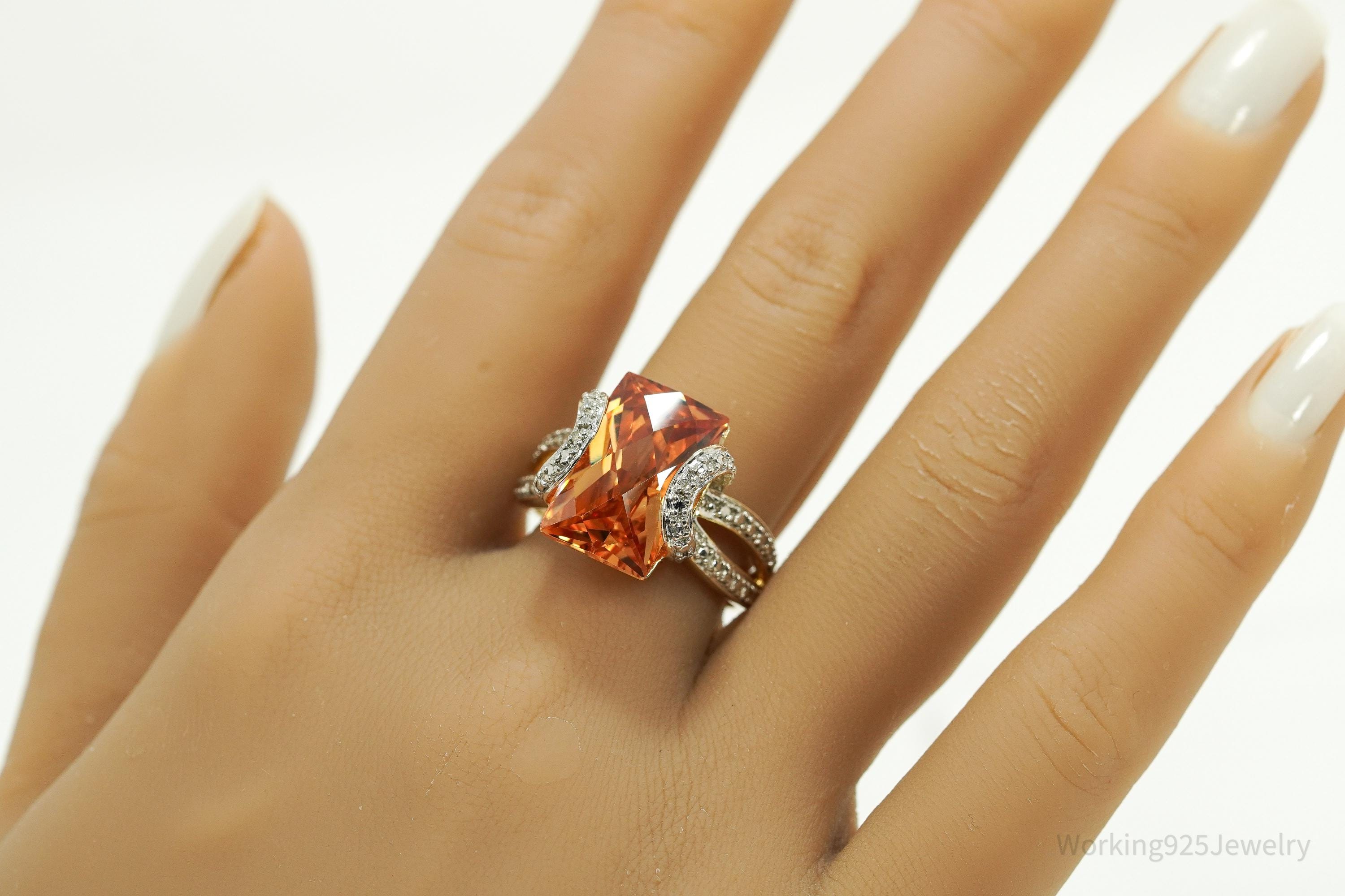 VTG Designer Ross Simons Orange Cubic Zirconia & Diamond Gold Over Sterling Silver Ring - Size 9.25