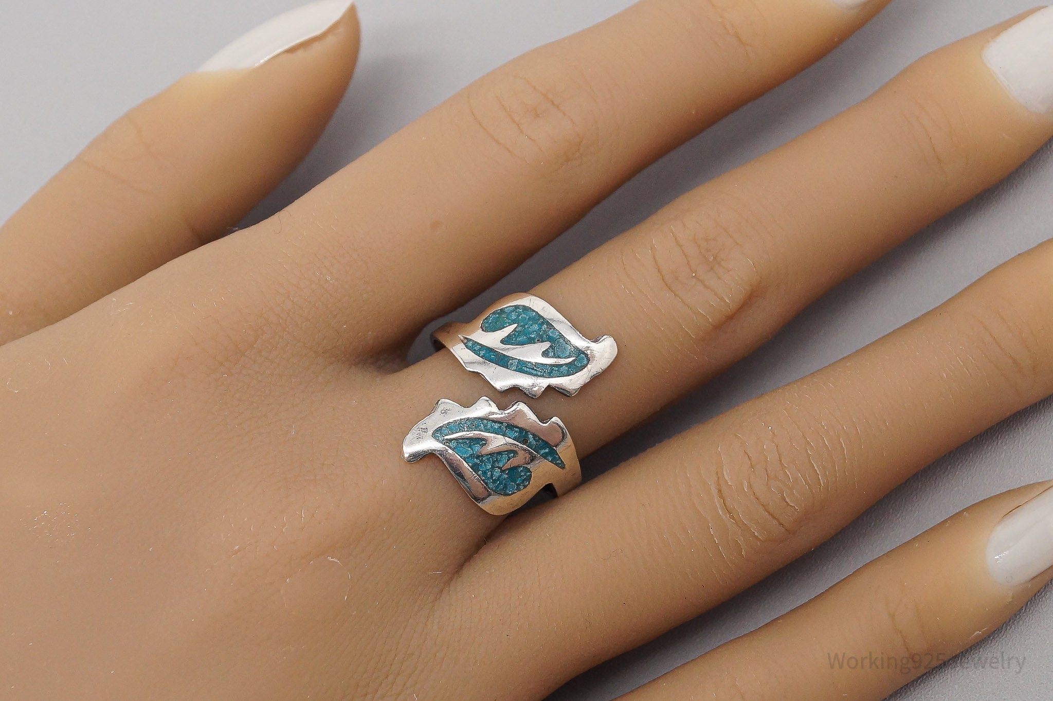 Vintage Mexican Turquoise Inlay Sterling Silver Ring - Size 9.5 Adjustable