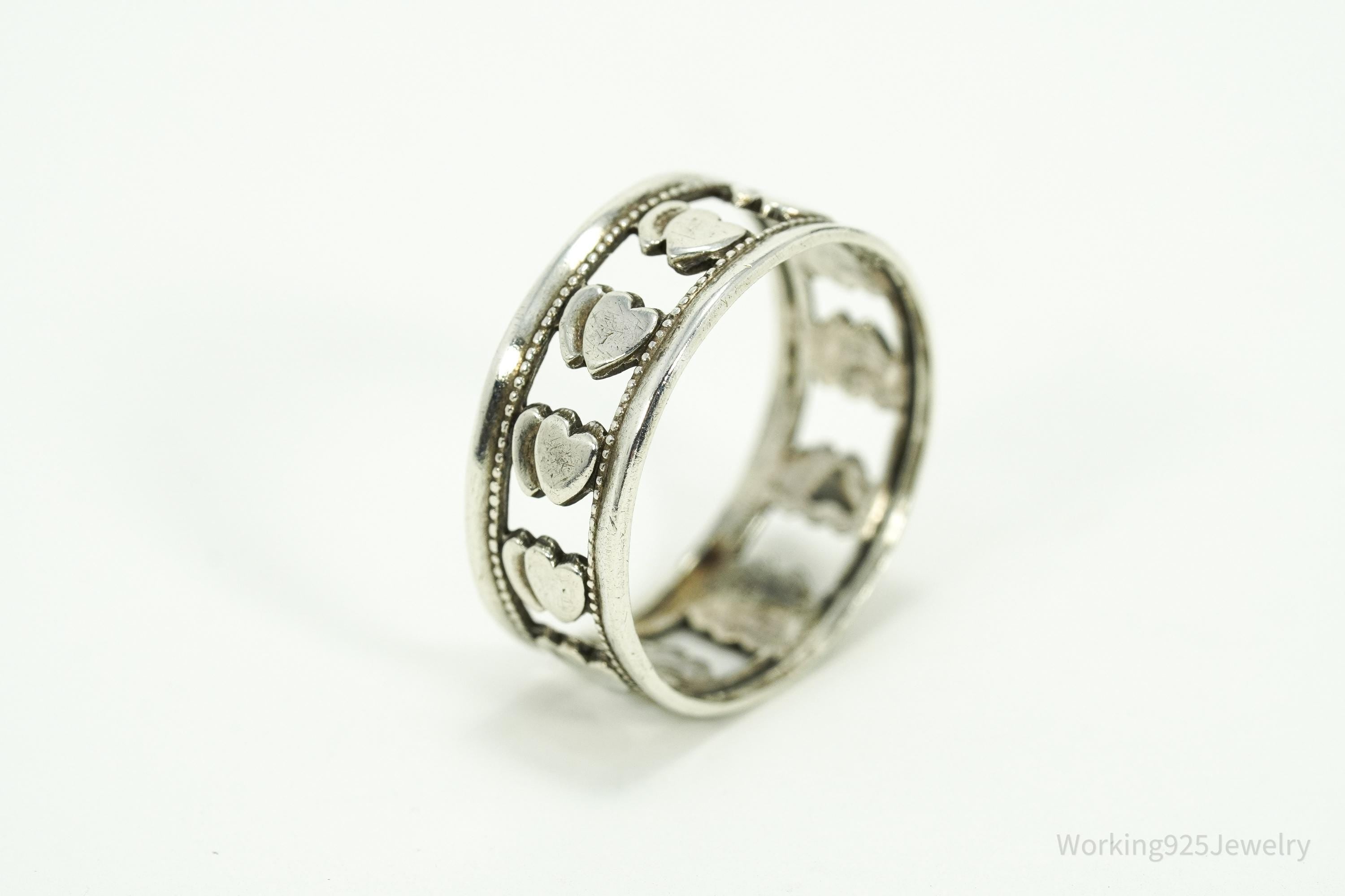 Antique Double Hearts Pattern Sterling Silver Band Ring - Size 8.25