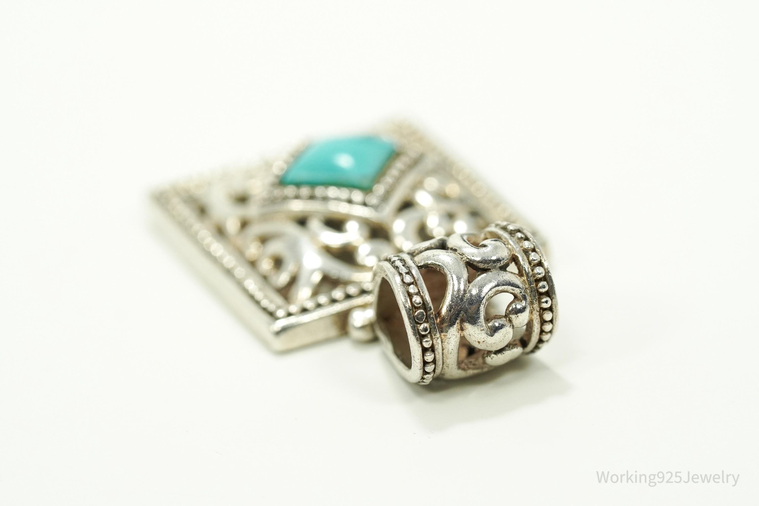 Large Vintage Turquoise Filigree Sterling Silver Necklace Pendant 1 5/8"