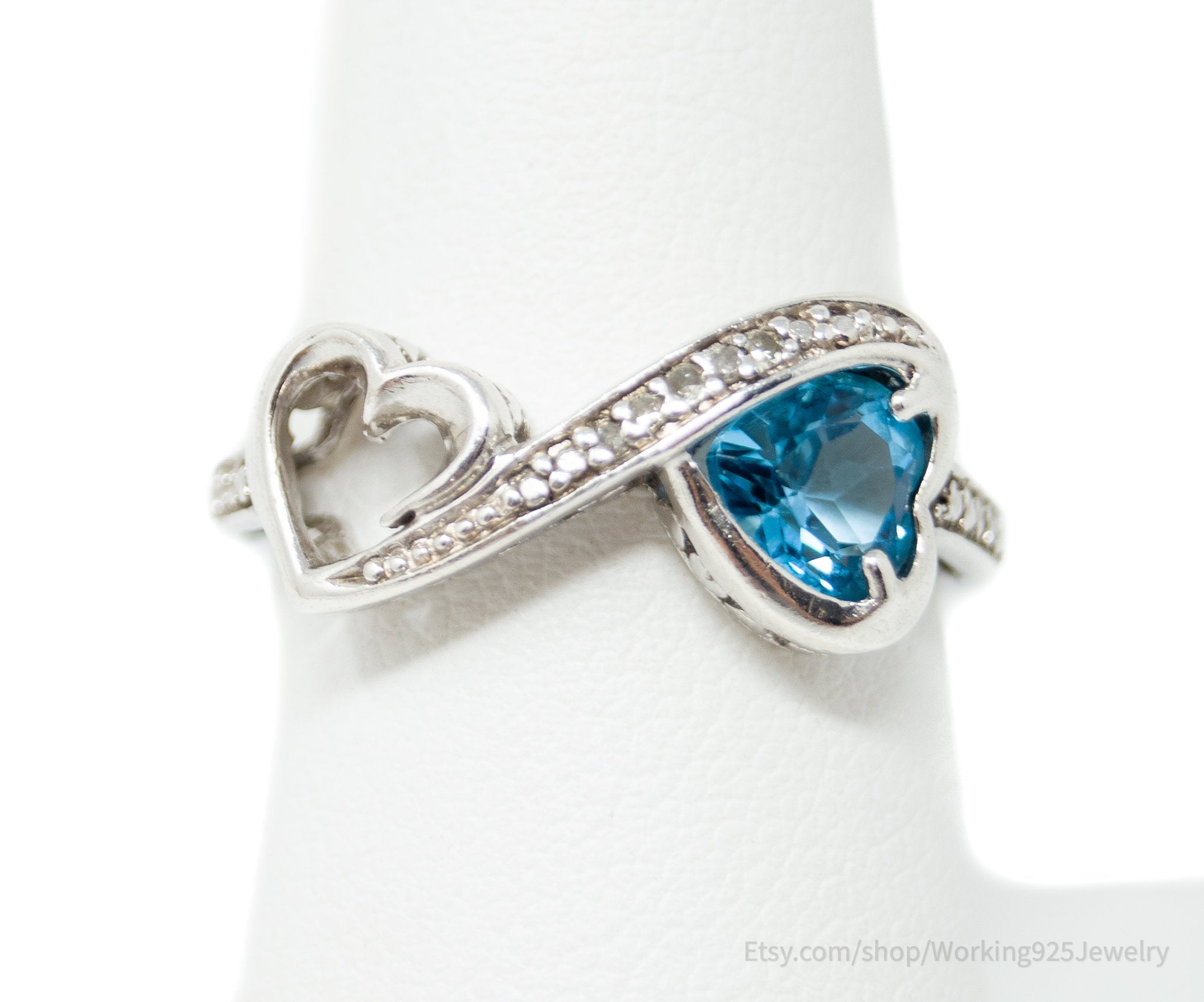 Vintage Open Hearts Forever Diamond Blue Topaz Sterling Silver Ring - Size 7.75