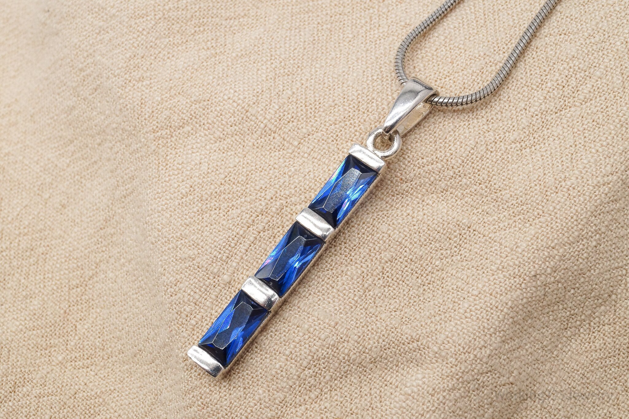 Vintage Lab Sapphire Sterling Silver Necklace 18"