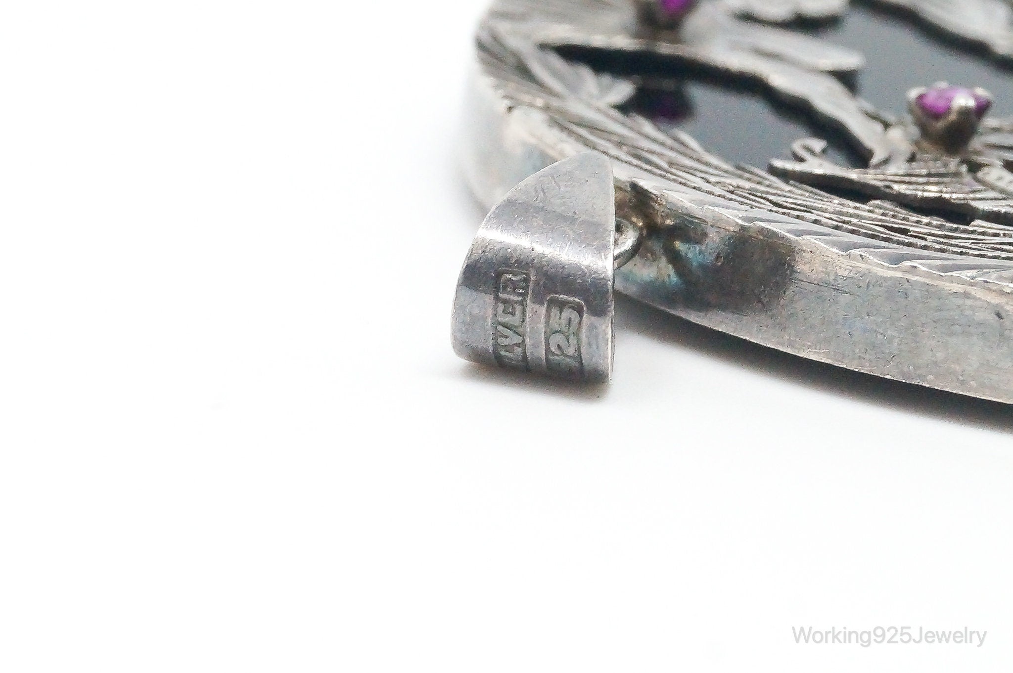 Vintage Large Ruby Black Onyx Etched Birds In Nature Sterling Silver Pendant