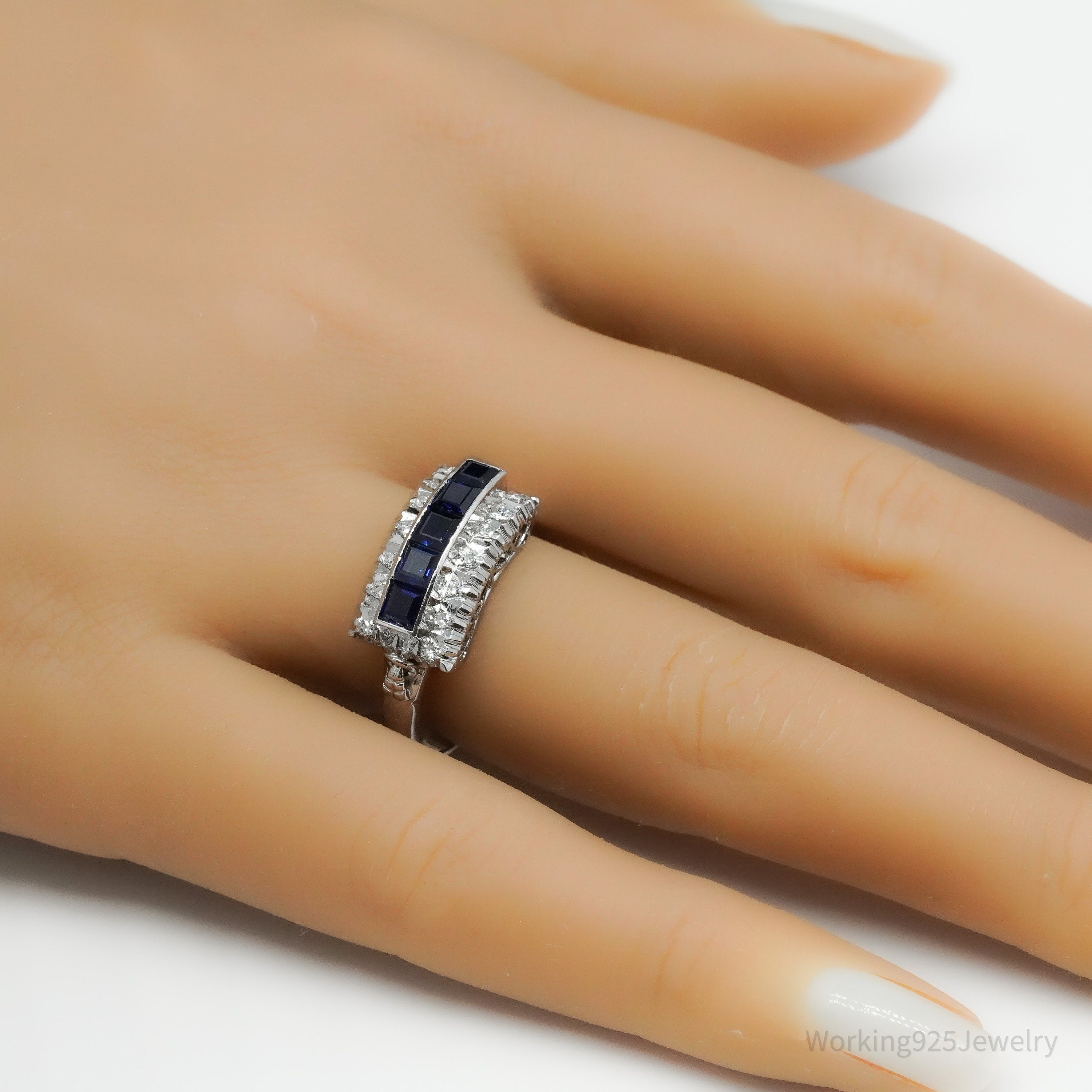 Art Deco Palladium 18K White Gold, Diamonds and Sapphires Ring Size - 8.75