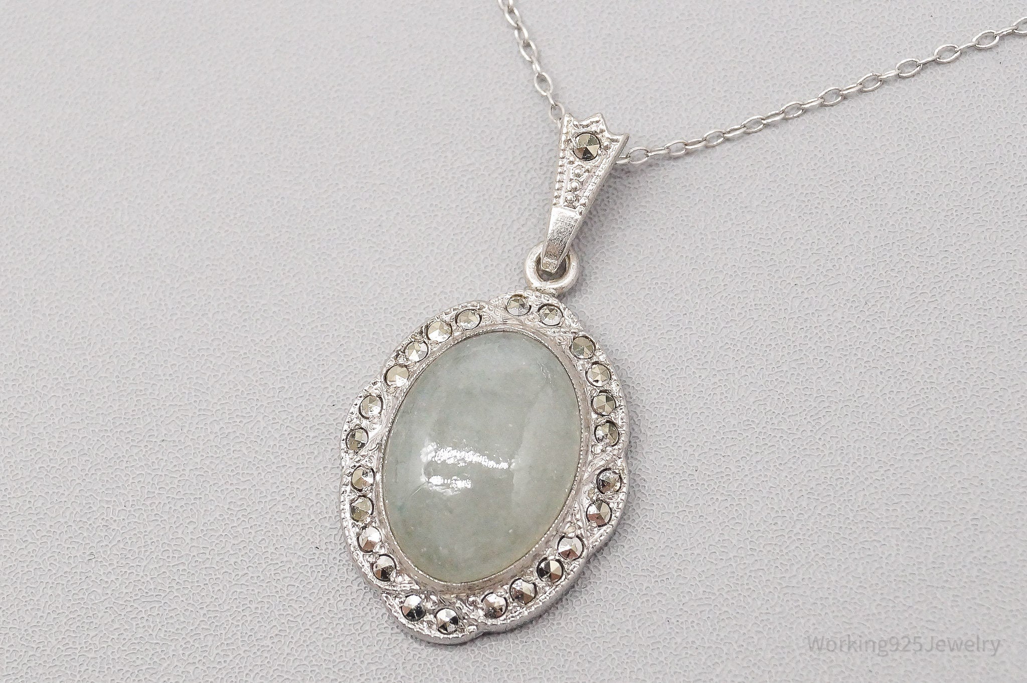 Vintage Theda Jade Marcasite Sterling Silver Necklace 18"