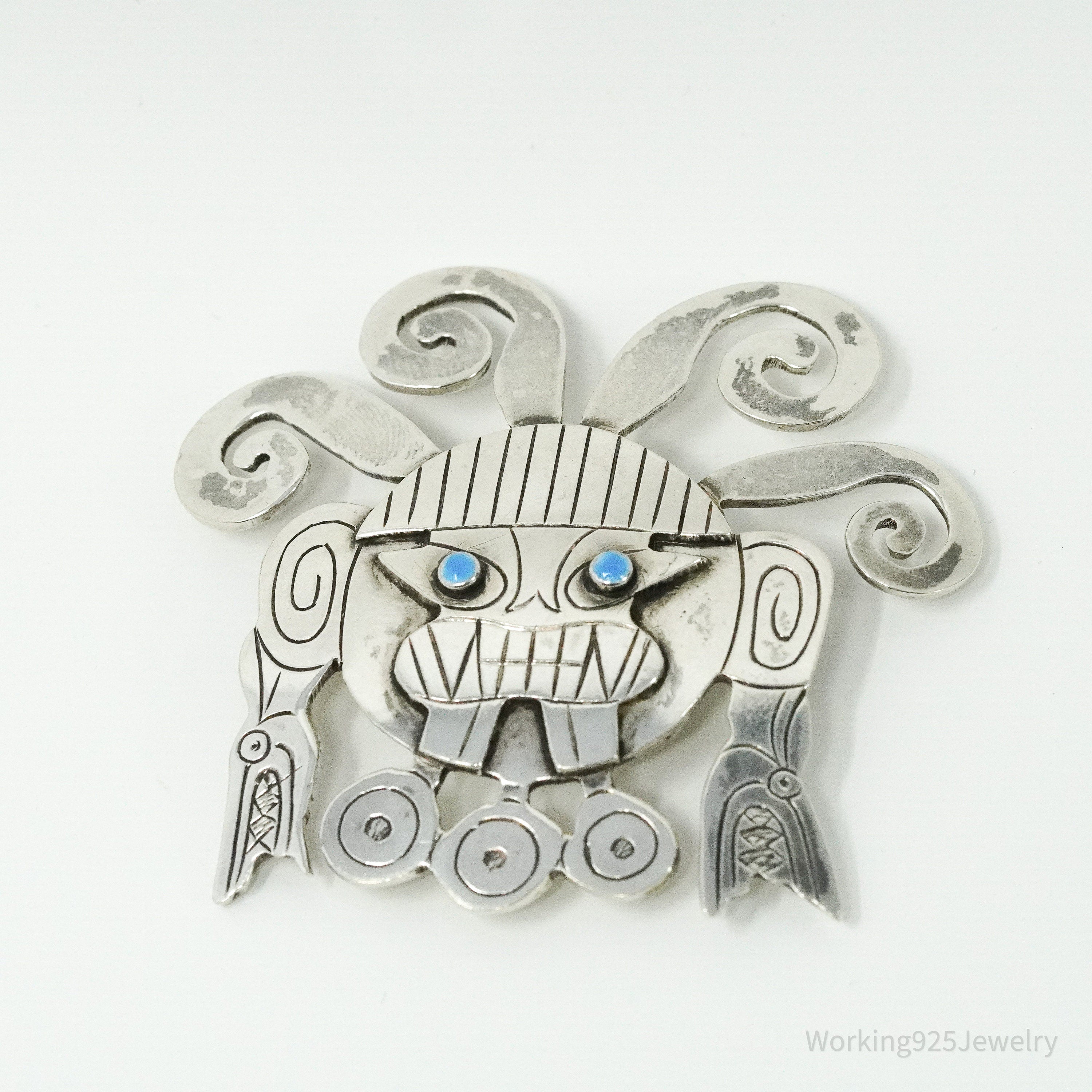 Large Vintage Aztec Mayan Sterling Silver Brooch Pin