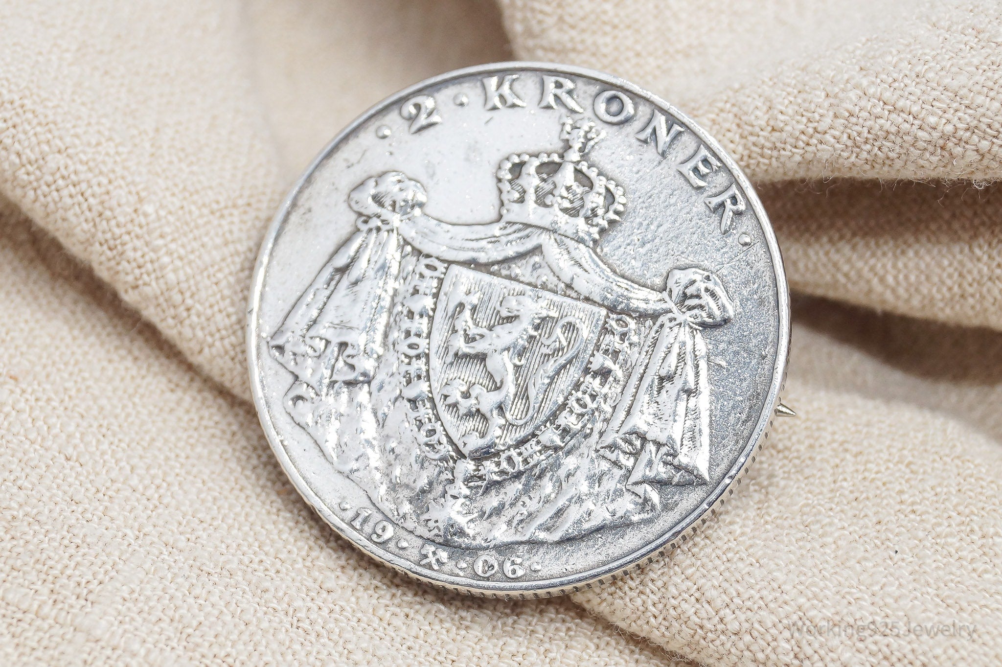 Antique Norway 1906 Silver 2 Kroner Silver Coin Brooch Pin