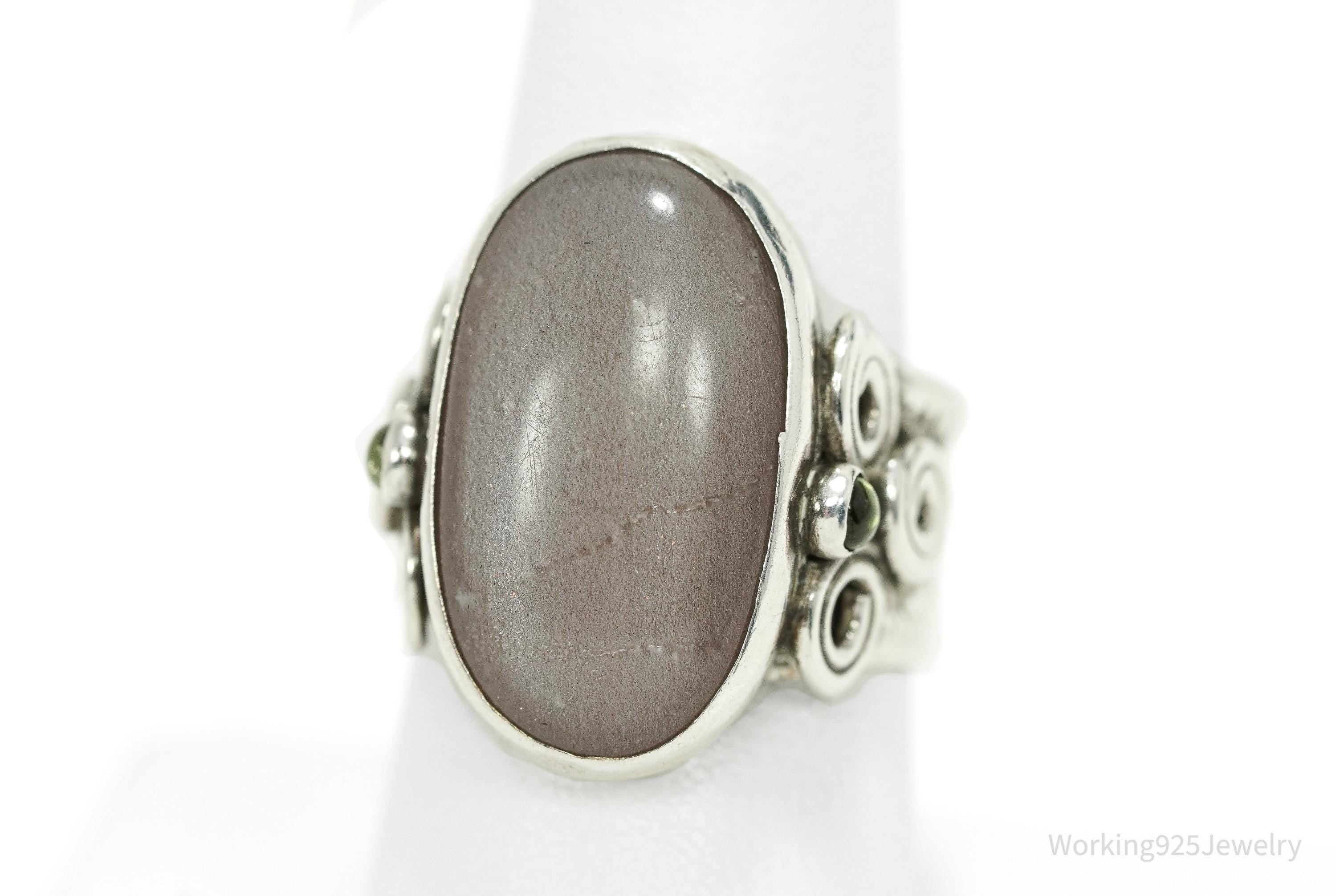Vintage Gray Moonstone & Peridot Sterling Silver Ring Size 8
