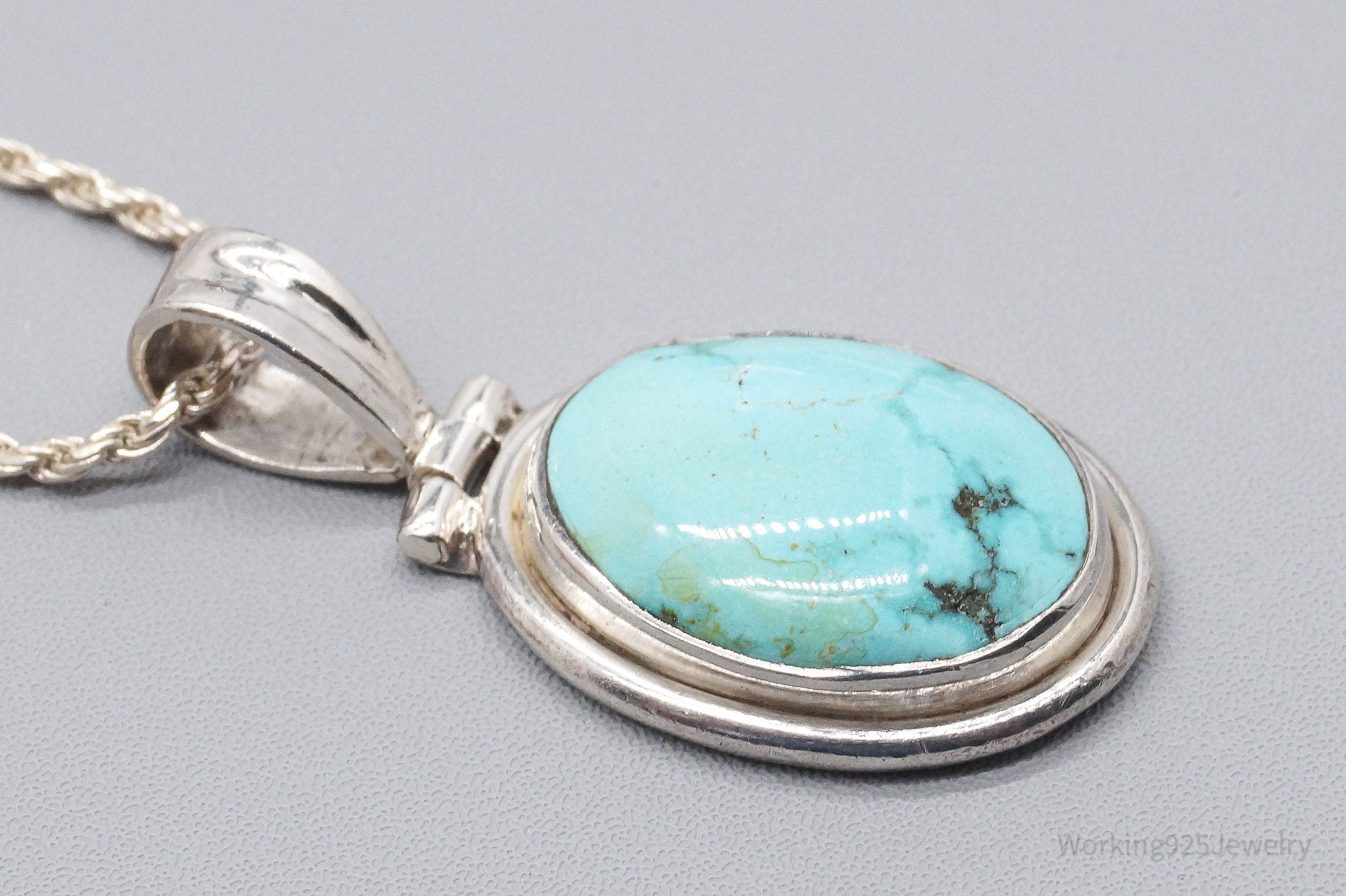 Vintage Large Blue Turquoise Pendant Sterling Silver Necklace 30"