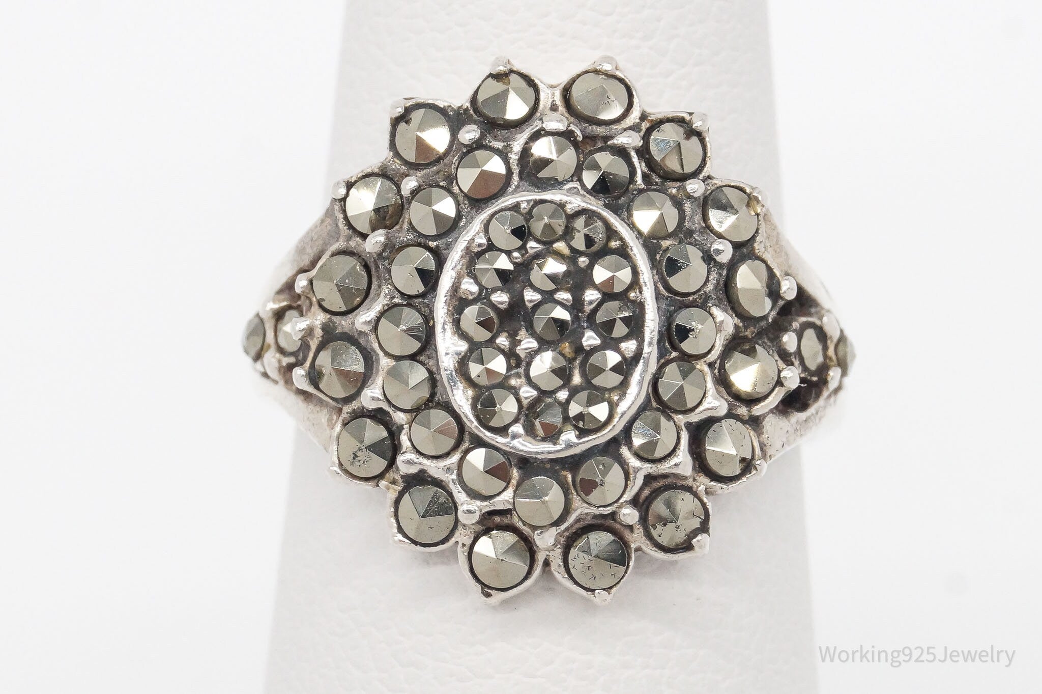 Vintage Marcasite Flower Sterling Silver Ring - Size 5.75