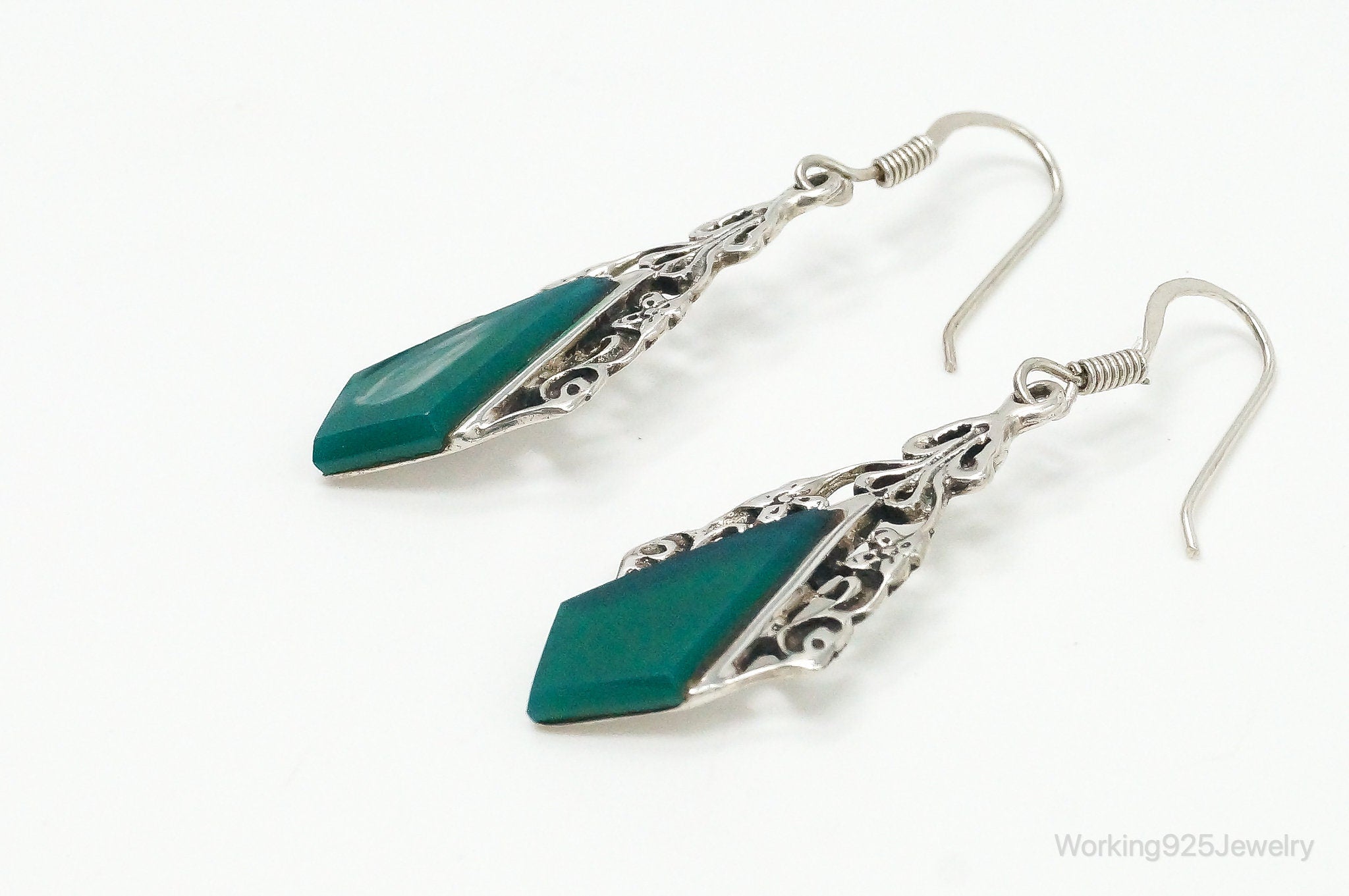 Vintage Green Onyx Art Nouveau Vines Sterling Silver Earrings