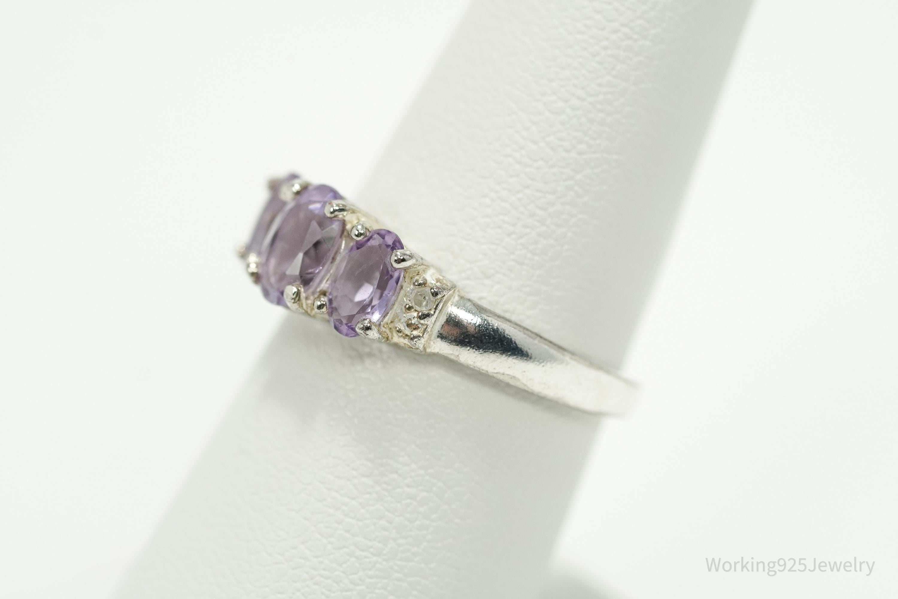 Vintage Amethyst & Diamond Sterling Silver Ring - Size 7