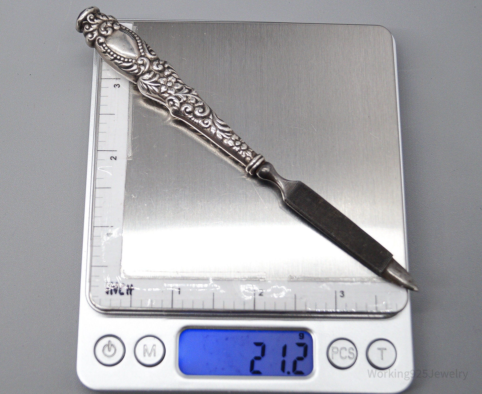 Large Rare Antique Repousse Purple Glass End Sterling Silver Nail File