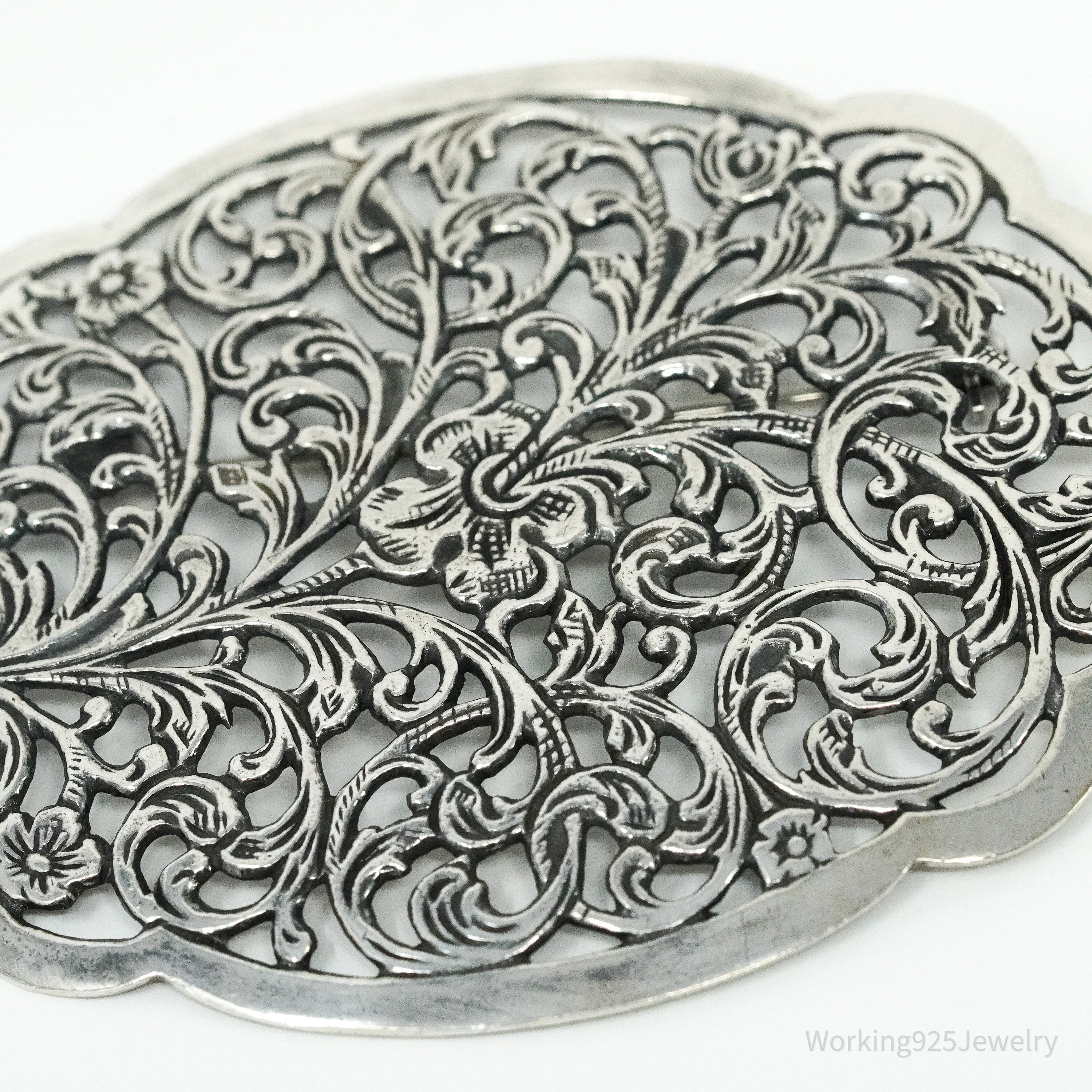 Large Vintage Floral Sterling Silver Brooch Pin 2"