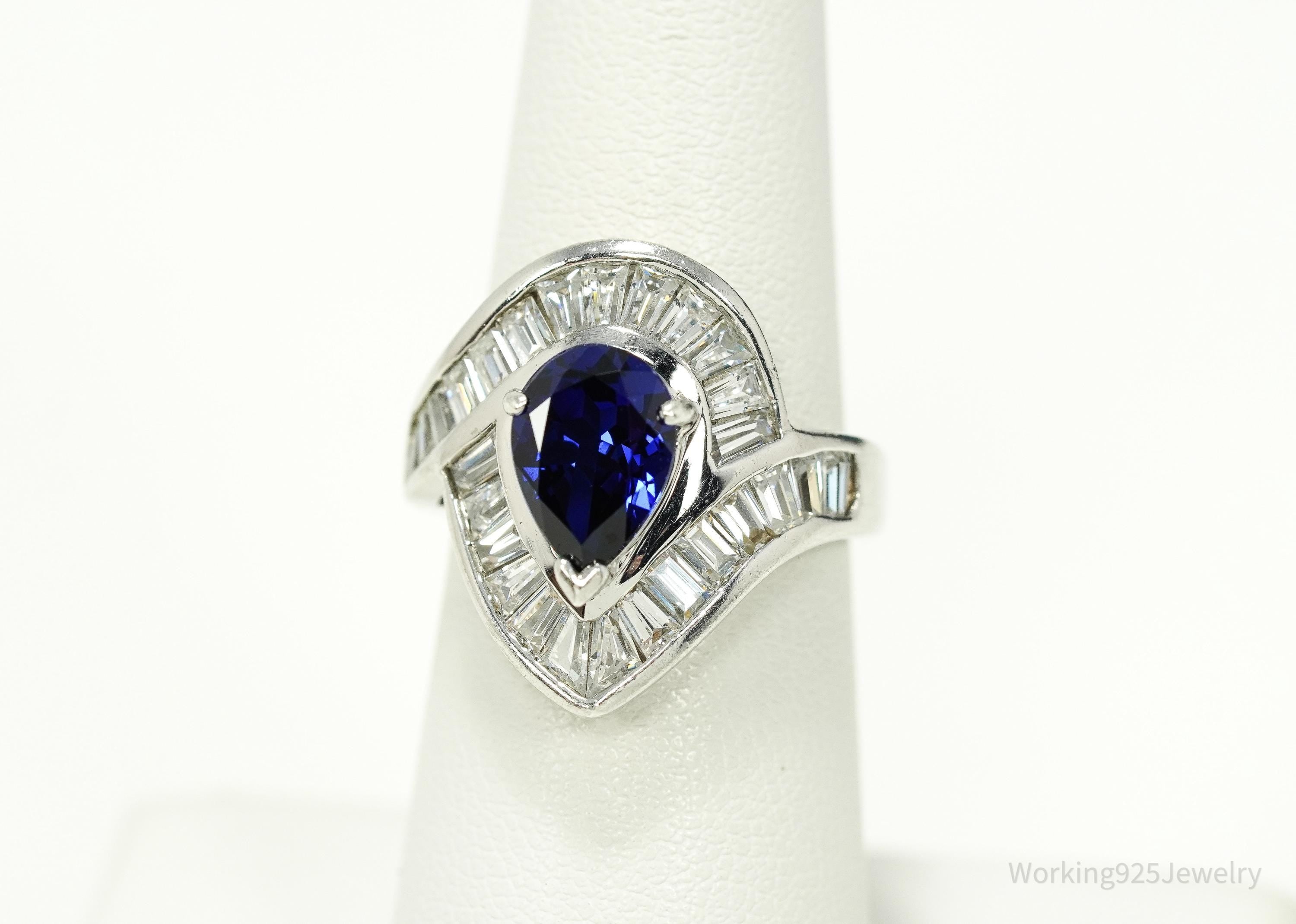 Vintage Lab Sapphire & Cubic Zirconia Rhodium Plated Sterling Silver Ring - Size 6