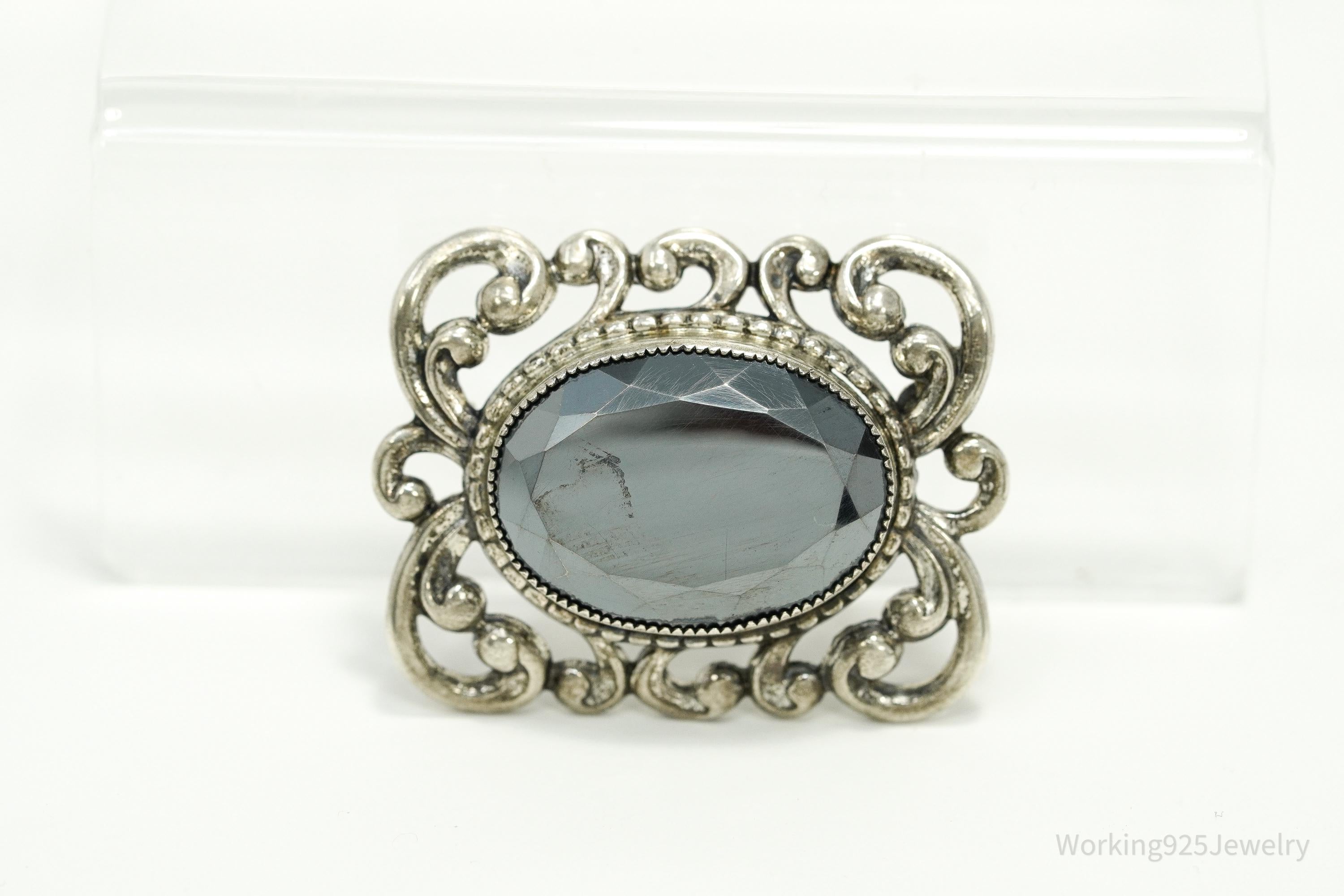 Vintage Designer Danecraft Hematite Ornate Sterling Silver Brooch Pin