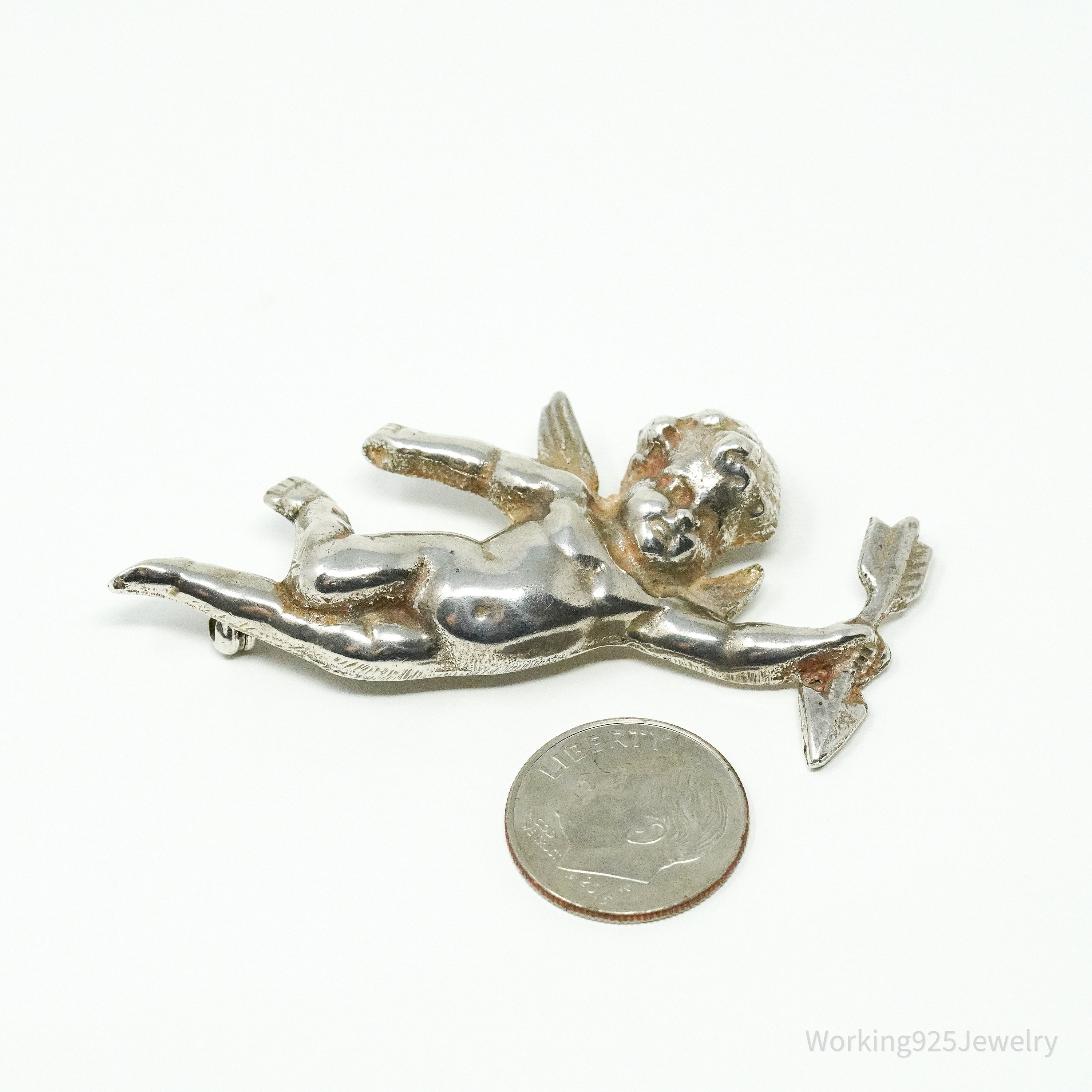 Antique Vintage Cherub Angel Cupid Sterling Silver Brooch Pin