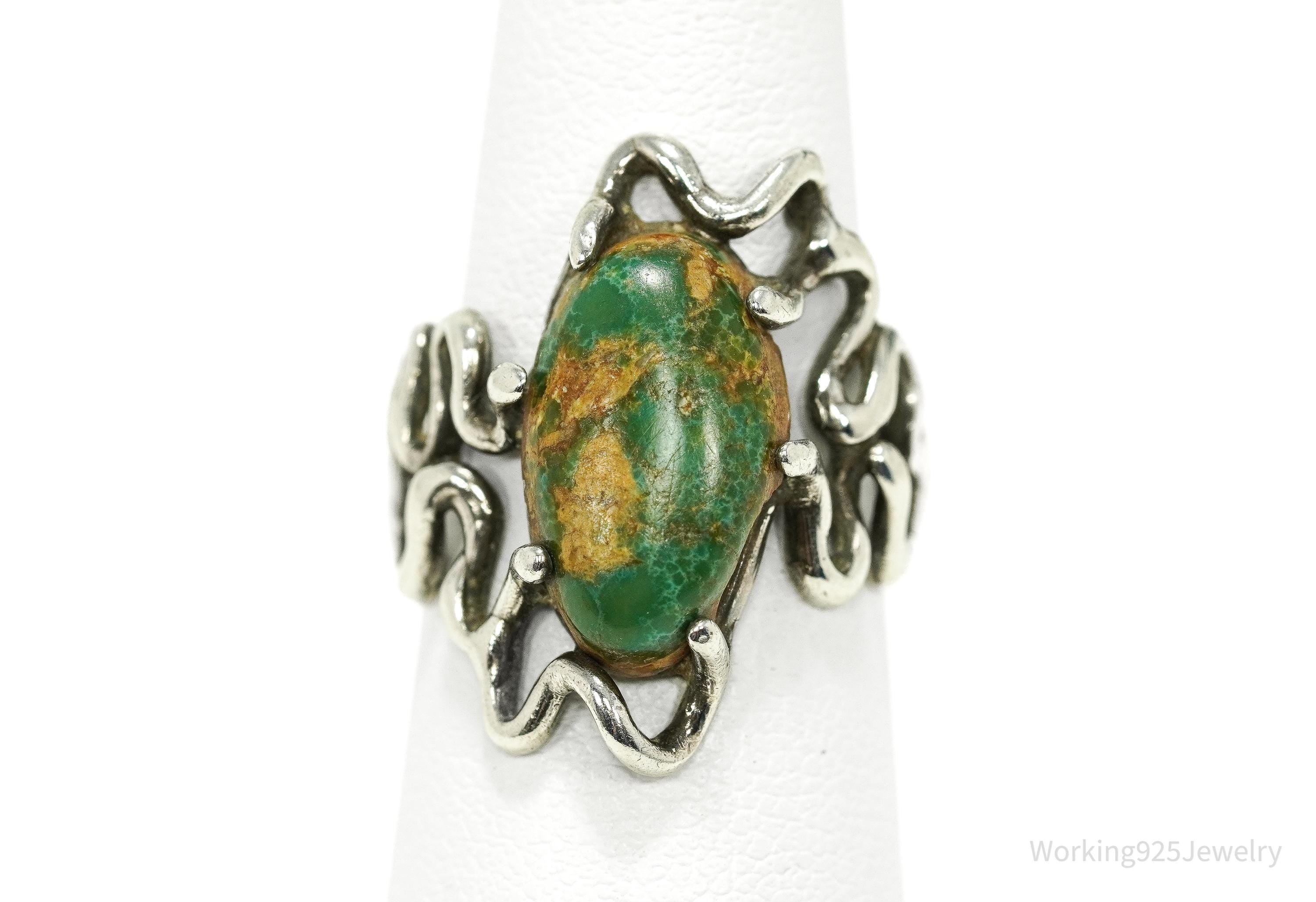 Vintage Turquoise Modernist Style Silver Ring - Size 5.75