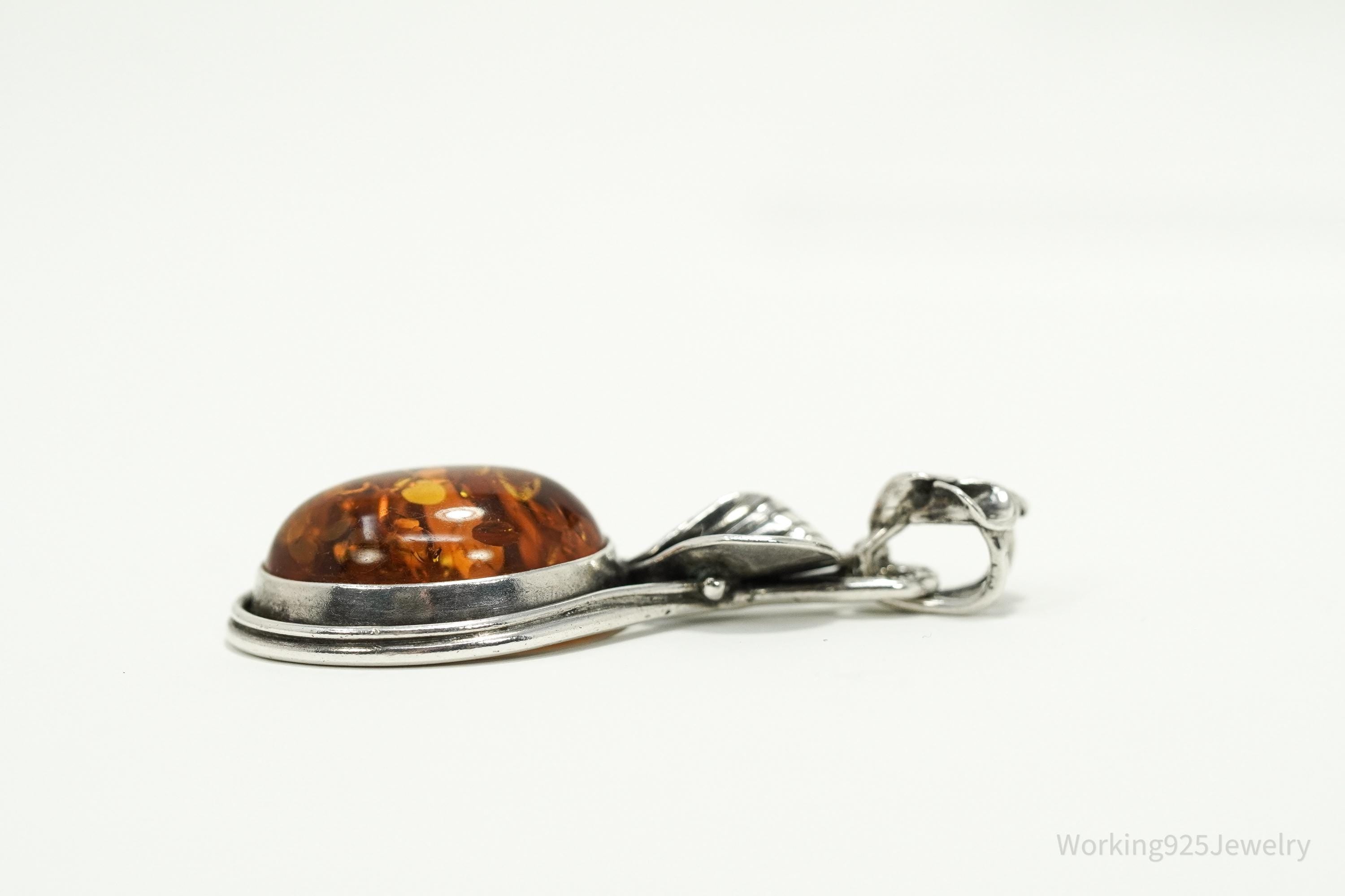 Vintage Sterling Silver Amber Pendant • Oval Cognac Baltic Gemstone Jewelry
