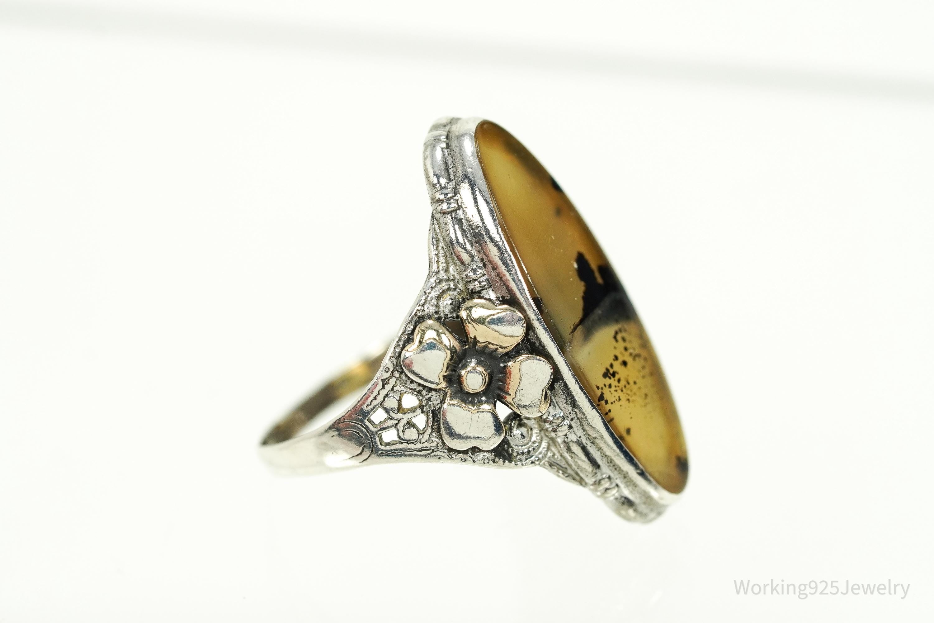 Antique Edwardian Ostby & Barton Agate Sterling Silver Ornate Ring Size 6.25